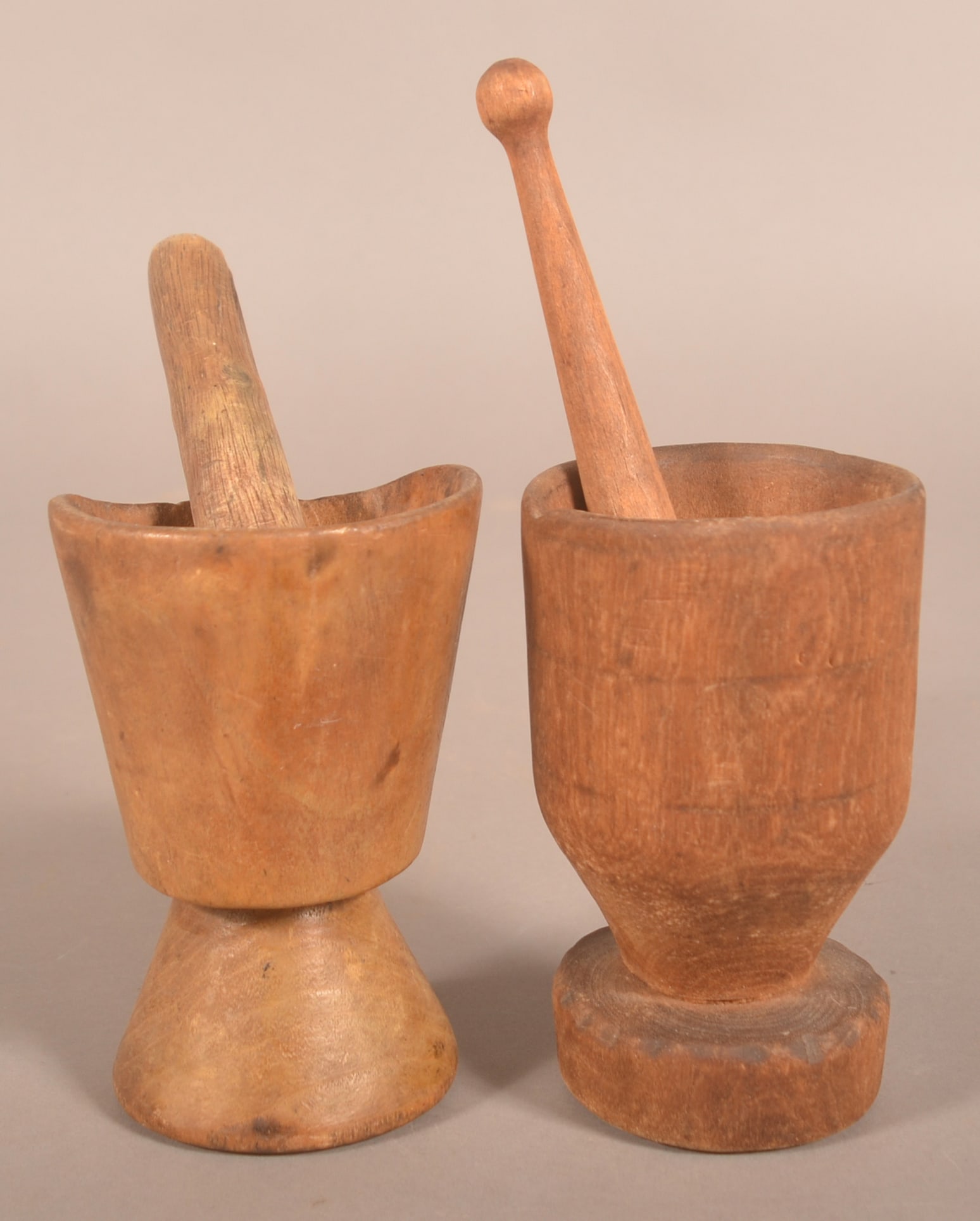 Two Antique Wood Turned Mortar and Pestles. (1 of 3)
