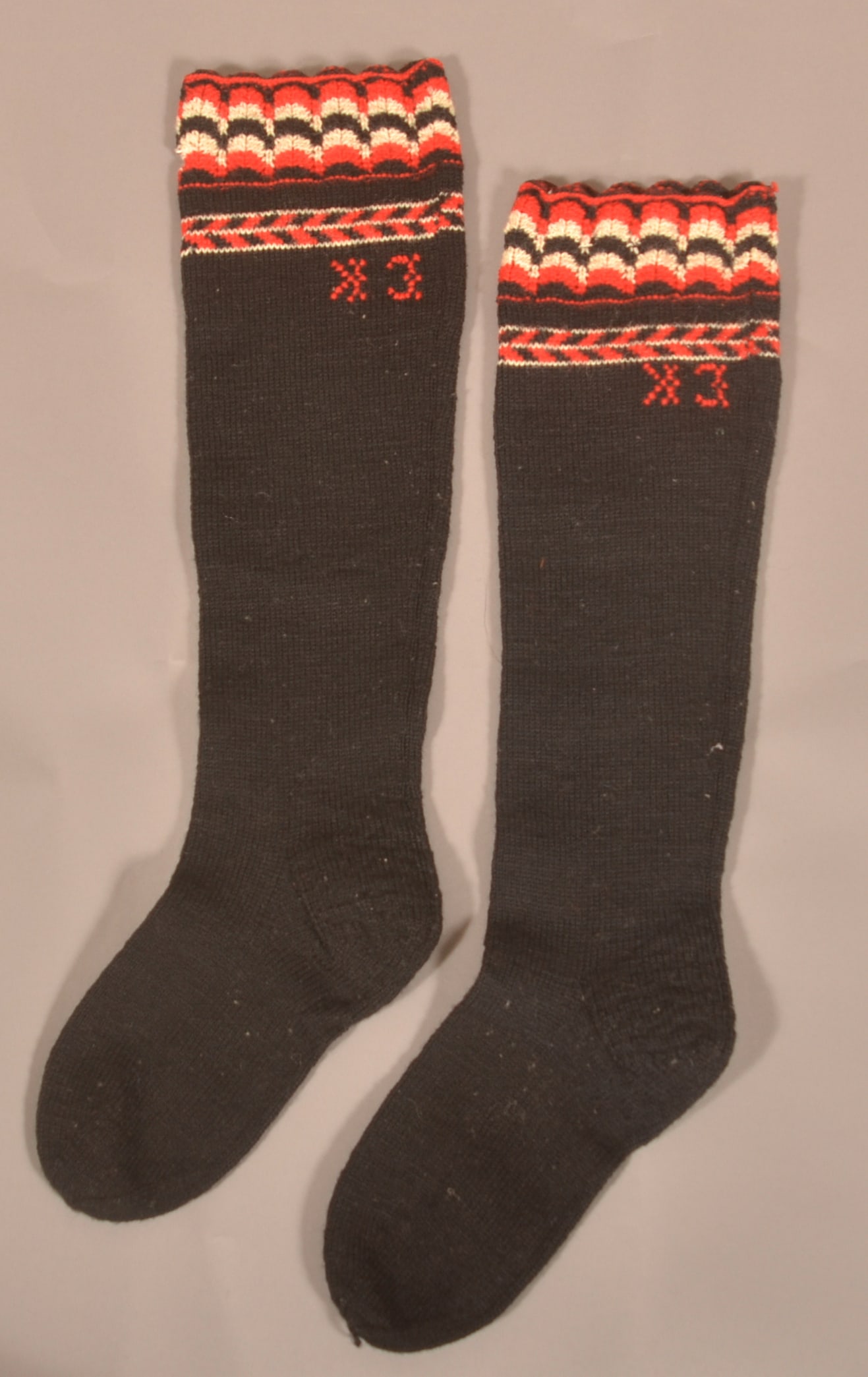 19th C. Pair Wool Men's Wedding Socks.: Beautiful pair showing very light wear with initials "EK" stitched on each. 22"L