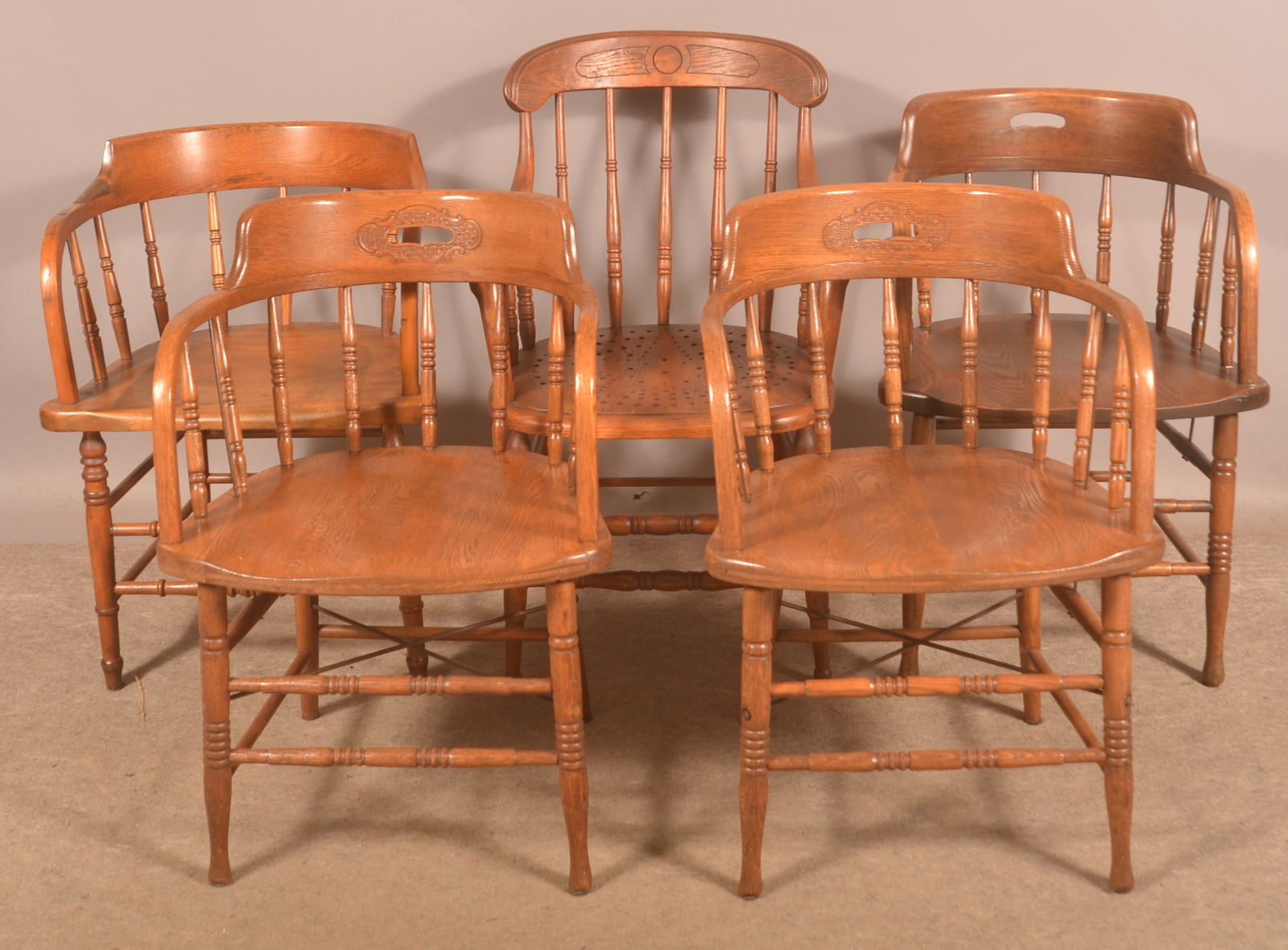 Five Barrel-Back Firehouse or Saloon Oak Chairs. (1 of 3)