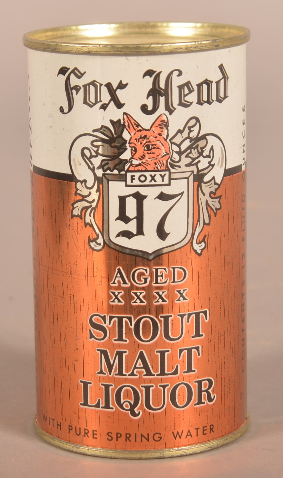Fox Head Stout Malt Liquor Beer Can.: Very clean example. 4-3/4"H x 2-5/8"D