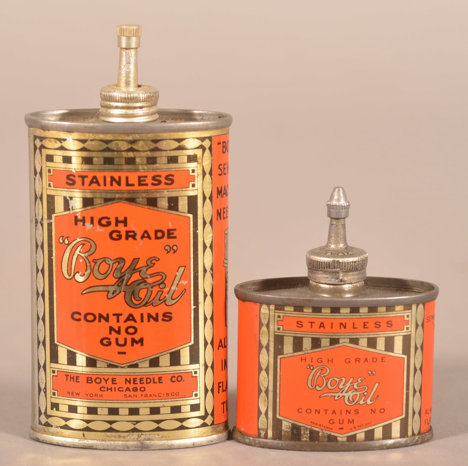 Two Lead Top "Boye Oil" Handy Oilers.: Bright colors. Two different sizes. Larger, 4-1/2"H
