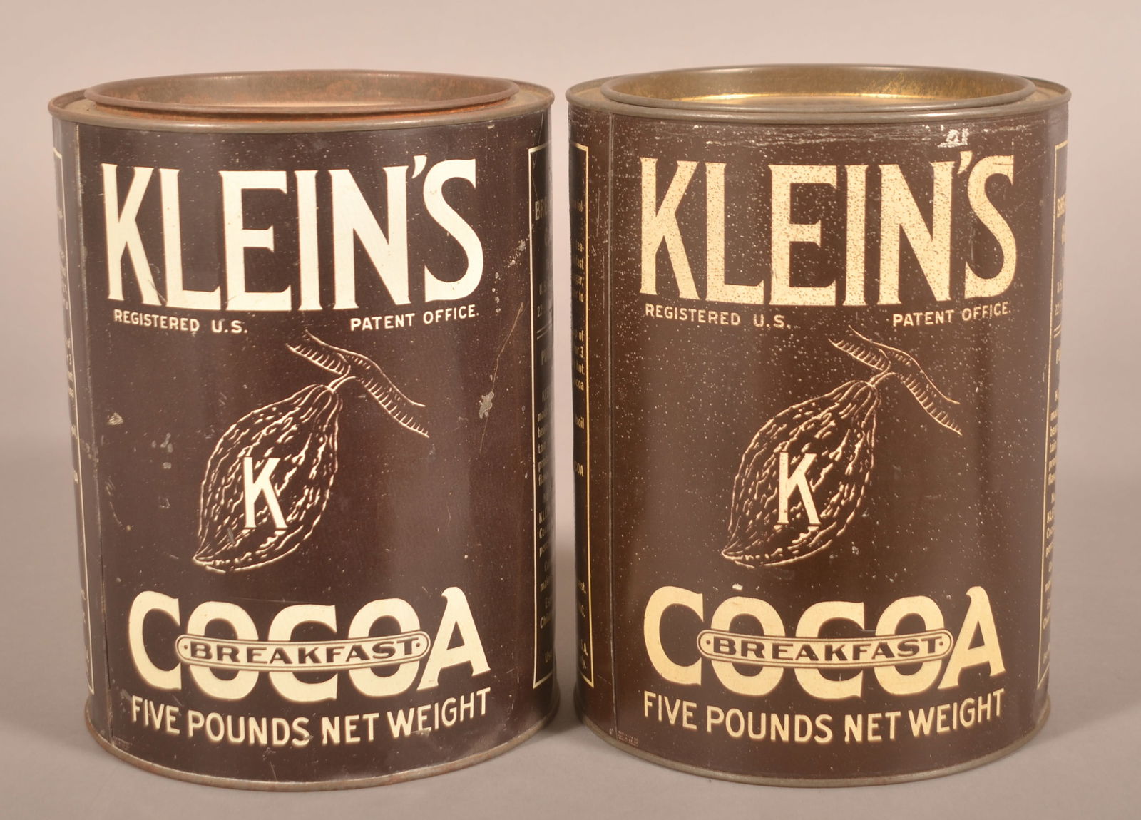 Two Klein's 5 lb. Elizabethtown, PA Cocoa Tins.: Two pry top tins with very good color. Provenance: James Hoffman Collection. 8-3/4"H