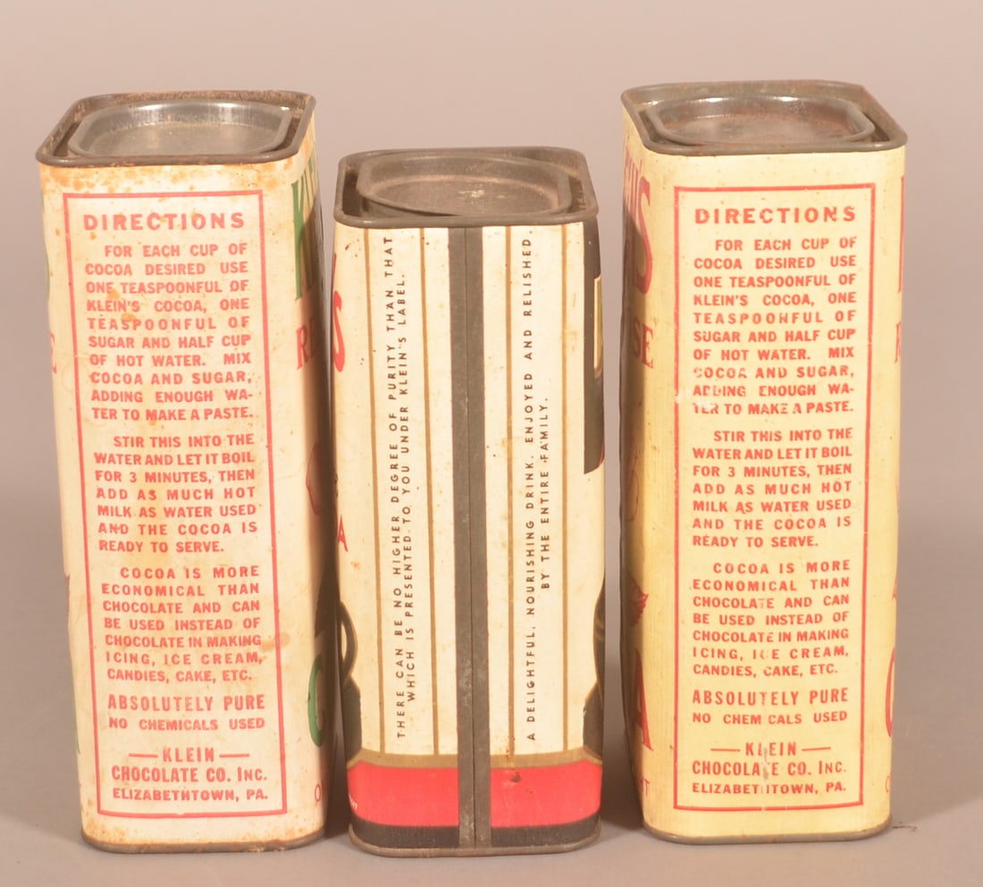 Three Cardboard Klein's Cocoa Vintage Tins.: Cardboard body with pry top tin lids. Two different Red Rose and one Cottage Cocoa. Provenance: James Hoffman Collection. Tallest, 7 1/2"H