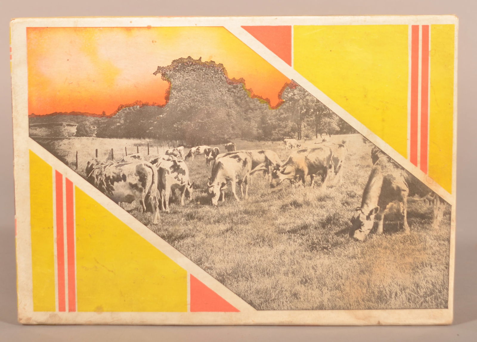 Klein's Large Grade "A" Chocolate Blocks Box.: Farm scene on large display box with bright colors. Provenance: James Hoffman Collection 7-3/4"H x 11"W x 2-1/2"D