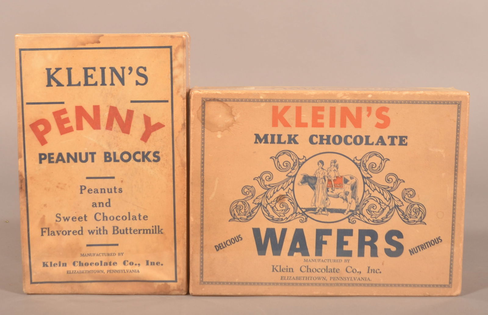 Klein's Milk Choc. Wafers & Peanut Blocks Boxes.: Very nice Wafer's box with image of a cow, mom and daughter. Provenance: James Hoffman Collection. Wafers Box, 7-1/4"H x 9-3/4"W x 3-1/4"D