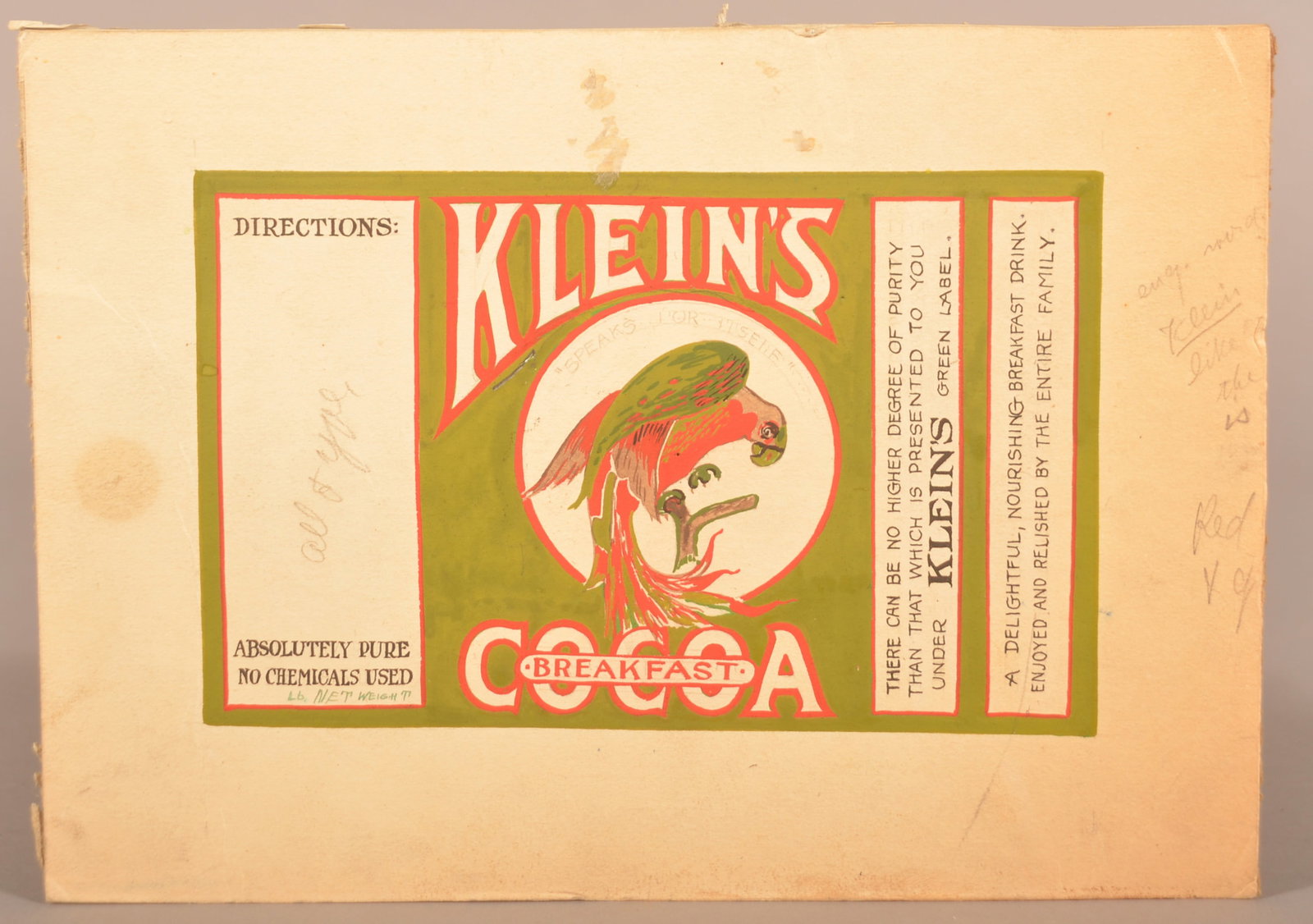 Very Rare Original Artwork For Klein's 1/2 lb. Tin.: The most sought after Klein's tin is the 1/2 pound with the parrot. This is the artwork for that tin with pencil notations in the margin and great colors. 6-1/2"H x 9-1/2"W