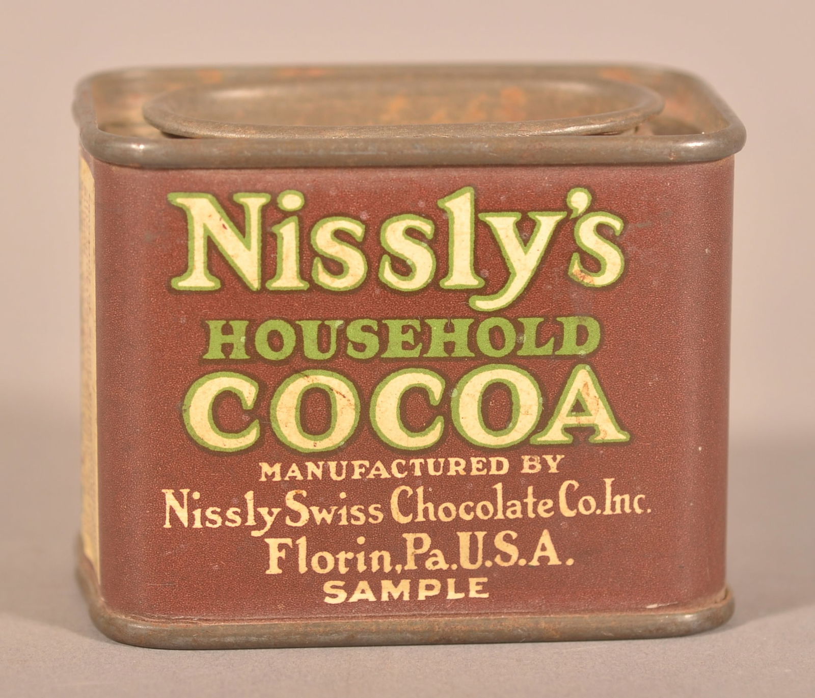 Rare Nissly's Household Cocoa Sample Tin.: If you missed the chance to purchase the Nissly's sample tin at the Hess onsite sale of the James Hoffman collection in early November, here's your chance to purchase another excellent example from a