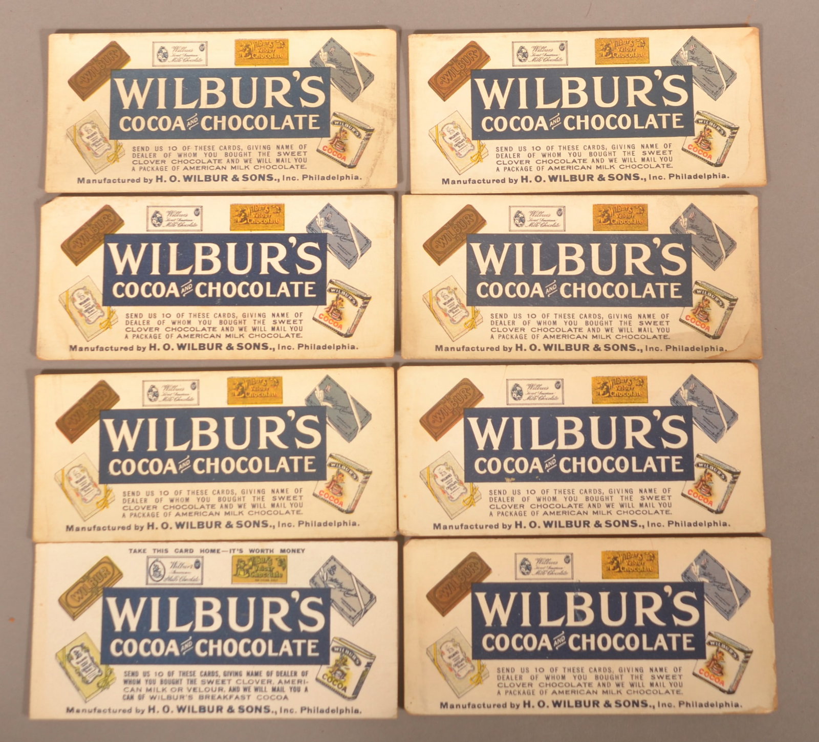 Eight Wilbur's Chocolate Antique Premium Cards.: Cardboard cards pre-dating the move to Lititz from Philadelphia. Given away with packages of chocolate and redeemed for prizes. Provenance: Dean Getz Collection. 2-1/2"H x 5-1/4"W