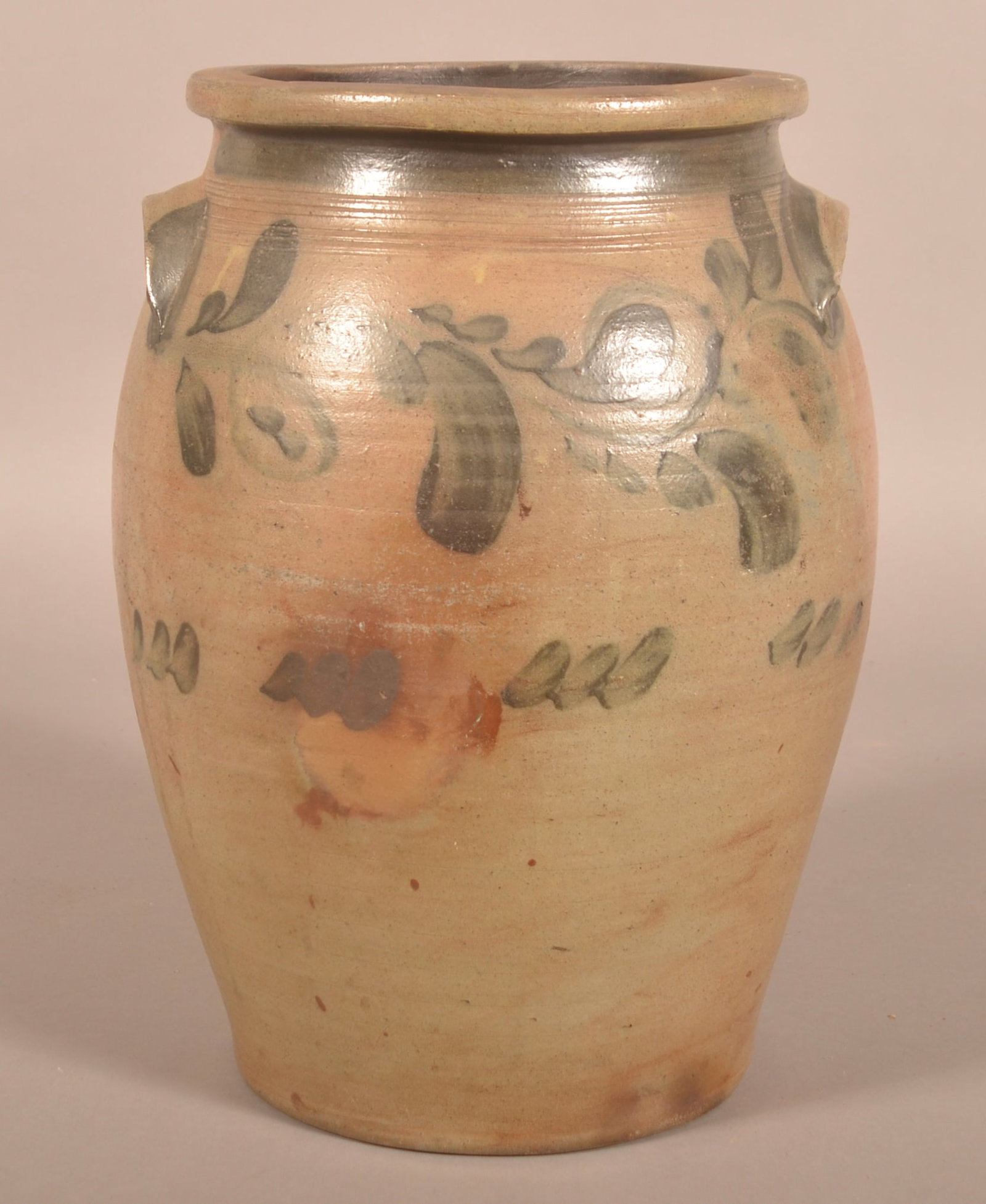 Impressed 5-Gallon Western PA Crock.: Freehand decorated with tooled lines around top. Applied handles with blue freehand decoration around the front terminals. Freehand floral decoration. Slightly bulbous, attributed to Beaver, PA. 1860-