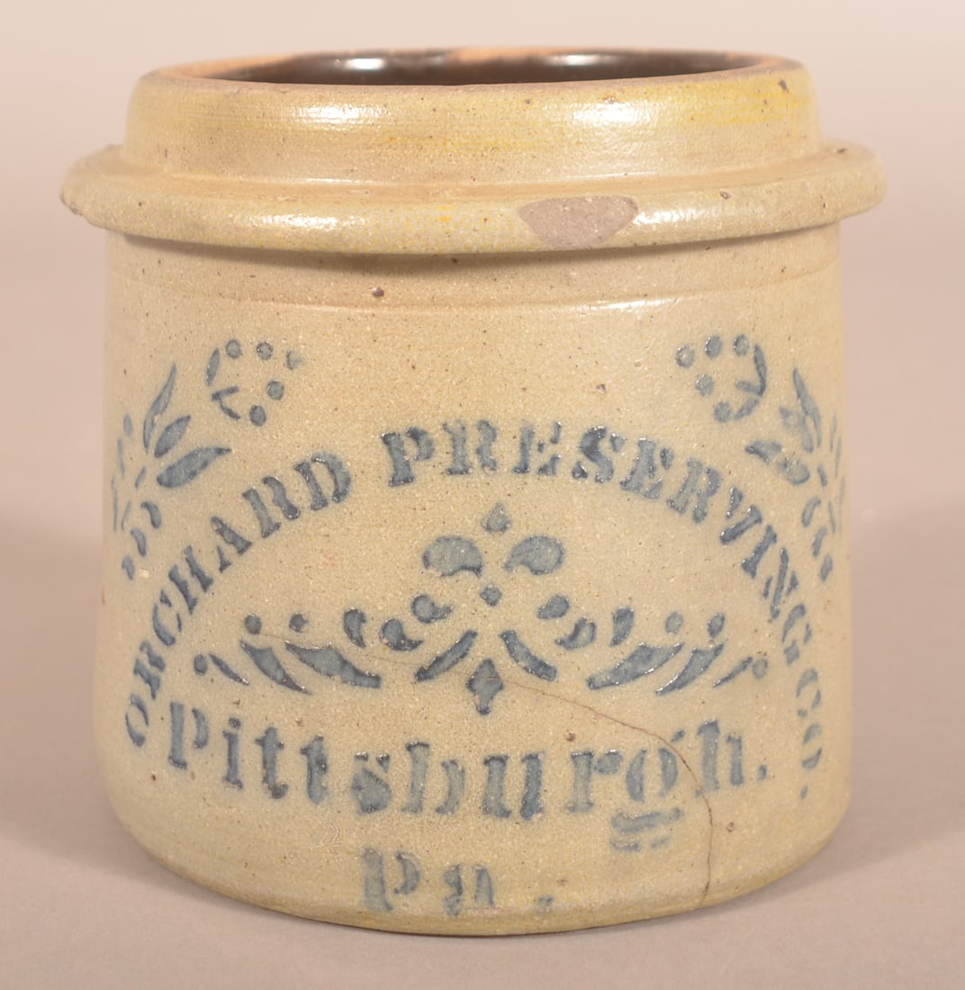 Orchard Preserving Co., Pittsburgh Tophat Crock.: 1880-1890 stenciled stoneware crock with rim and accompanying holes made to accommodate a tin lid with flat rim that could be pinned down to keep the preserves fresh. 6"H x 6-1/2"D