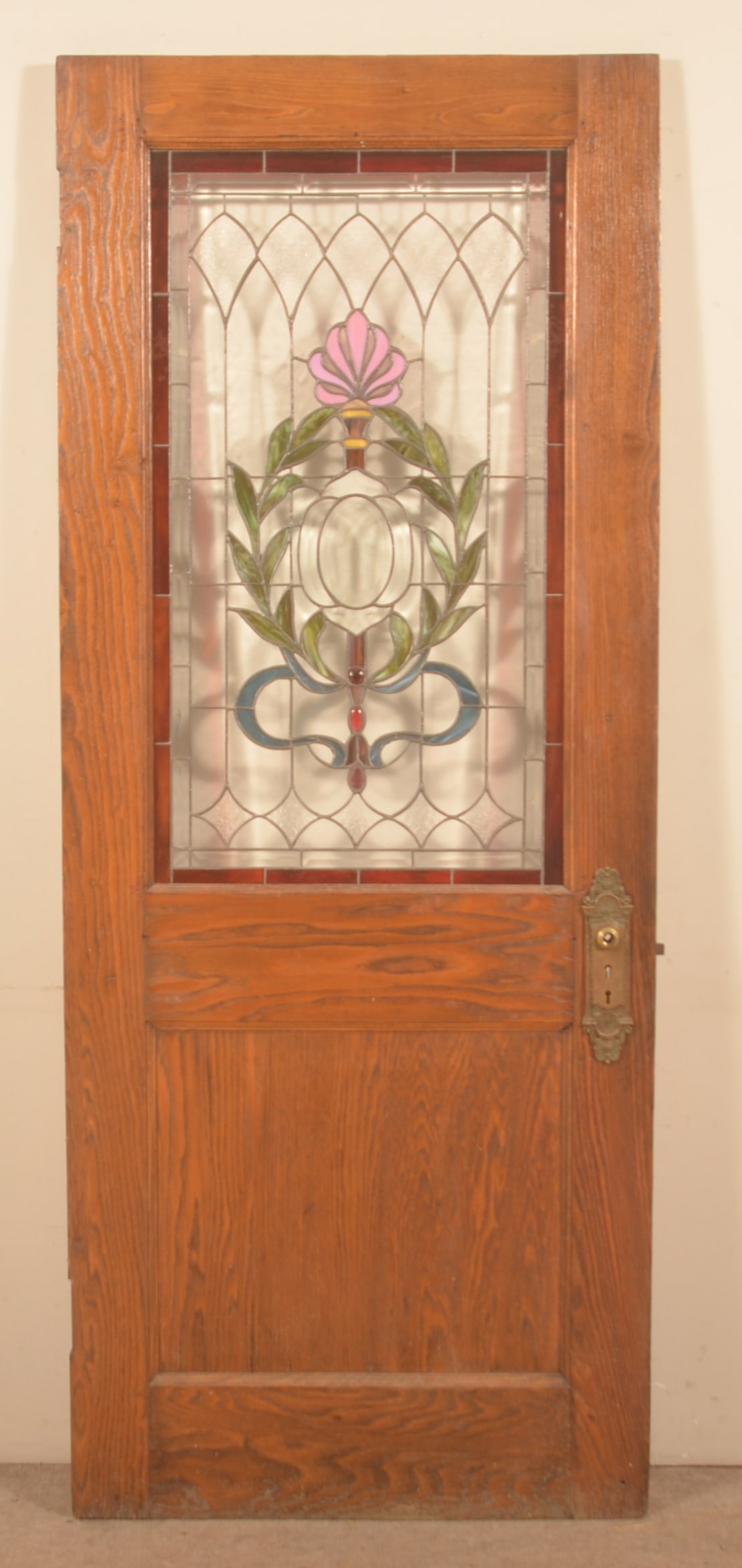 Early 20th C. Oak Door w/ Stained Glass Window.: Nice leaded glass window. Door has been cleaned and refinished. 79"H x 32"W