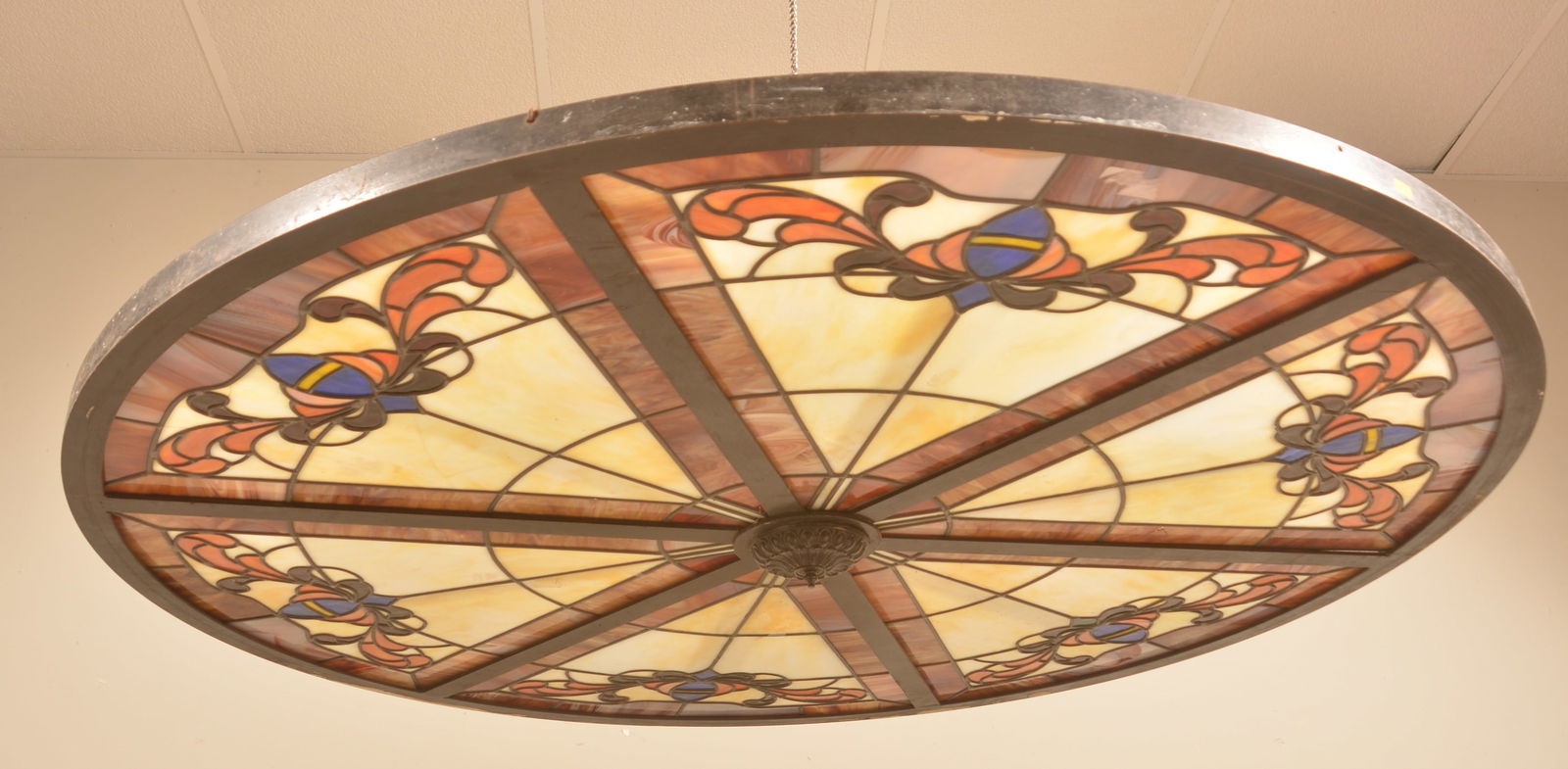 Beautiful Leaded Stained Glass Round Transom.: 19th century cast iron frame with six pie-shaped stained glass windows. Most likely from a Church or other public structure. Impressive size. 60-1/2"D