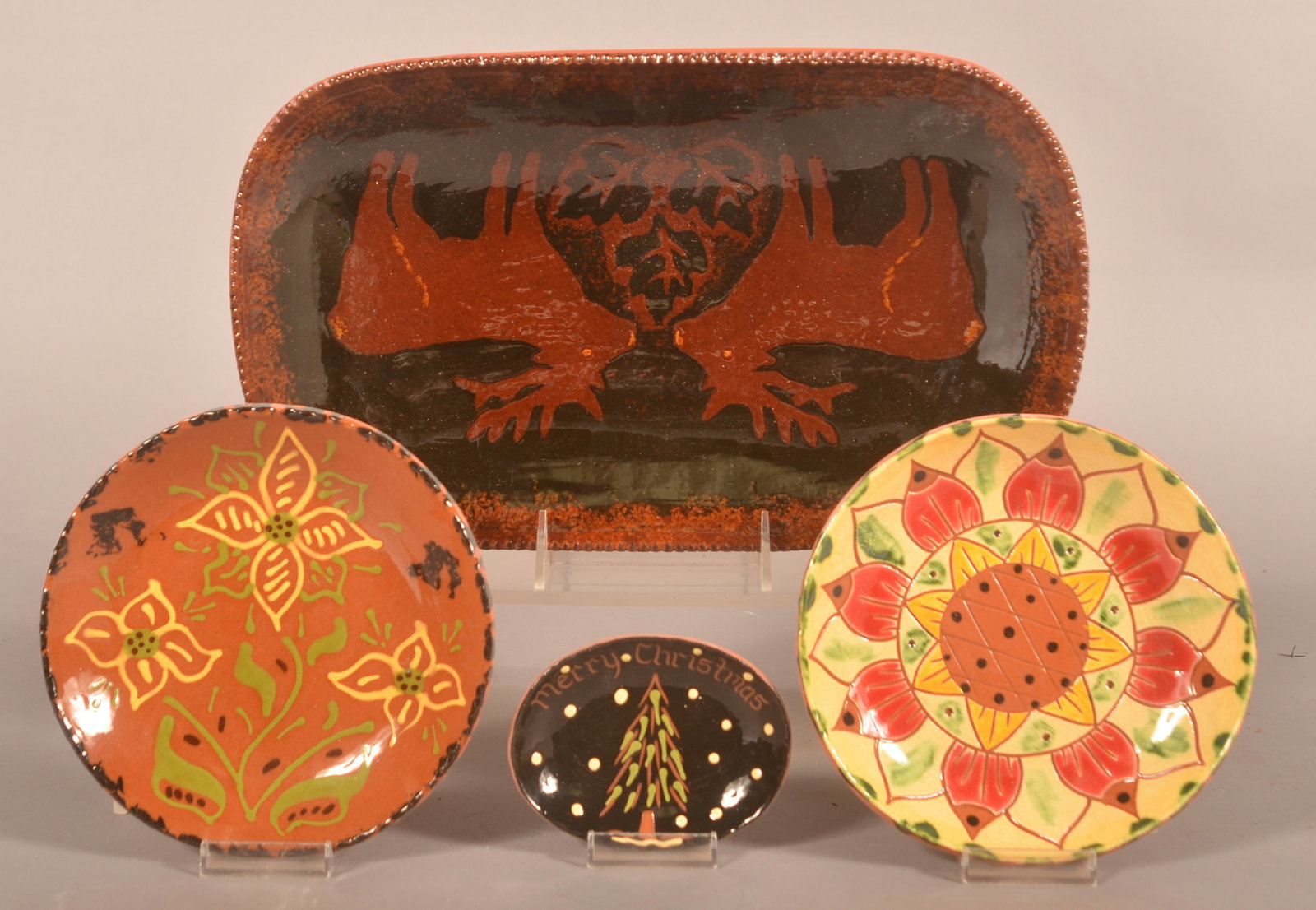 4 Pieces Lester Breininger Redware Pottery: Nice group, each signed & dated. 2 plates, small Christmas dish and large platter with reindeer. Lg. platter, 8"H x 13 3/4"W