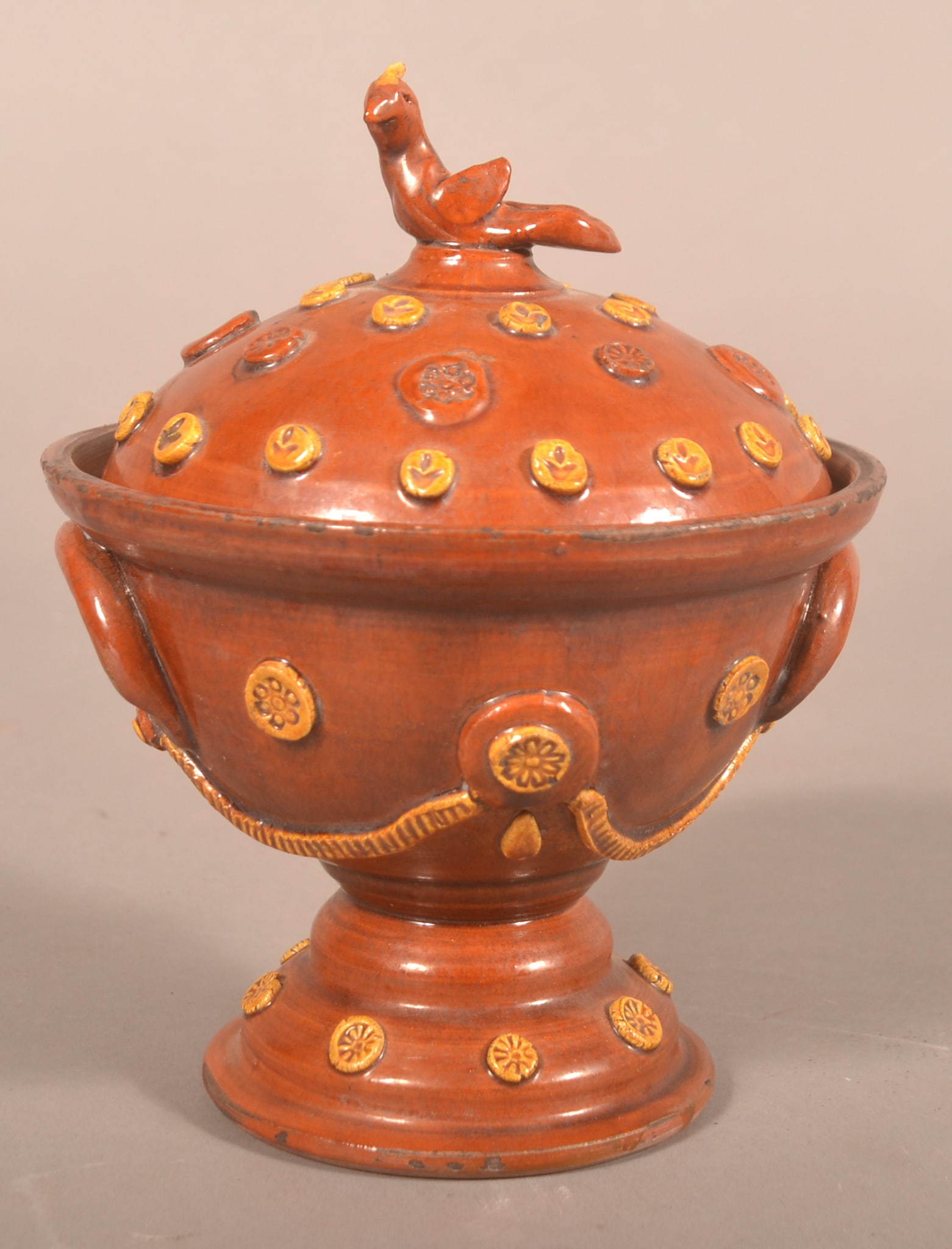 Great Greg Shooner Redware Covered Footed Bowl: Wonderfully crafted with faux aging typical of his work. Signed and dated 1995 on base. Shooner's work is always sought after and this is a very nice example with an early date. With lid, 8"H x 6"D