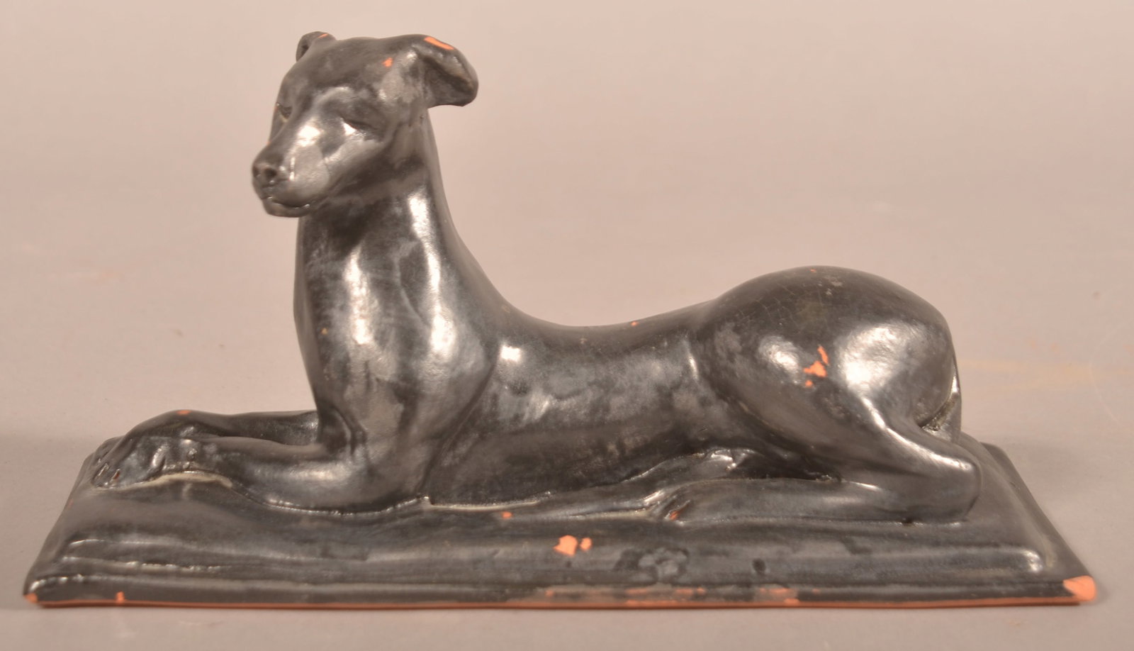 Redware Reclining Dog Doorstop Copy Solomon Bell: Made by Turtle Creek pottery in 1988 after the original done by Solomon Bell. Wonderfully executed. 5 1/2"H x 10 1/4"L