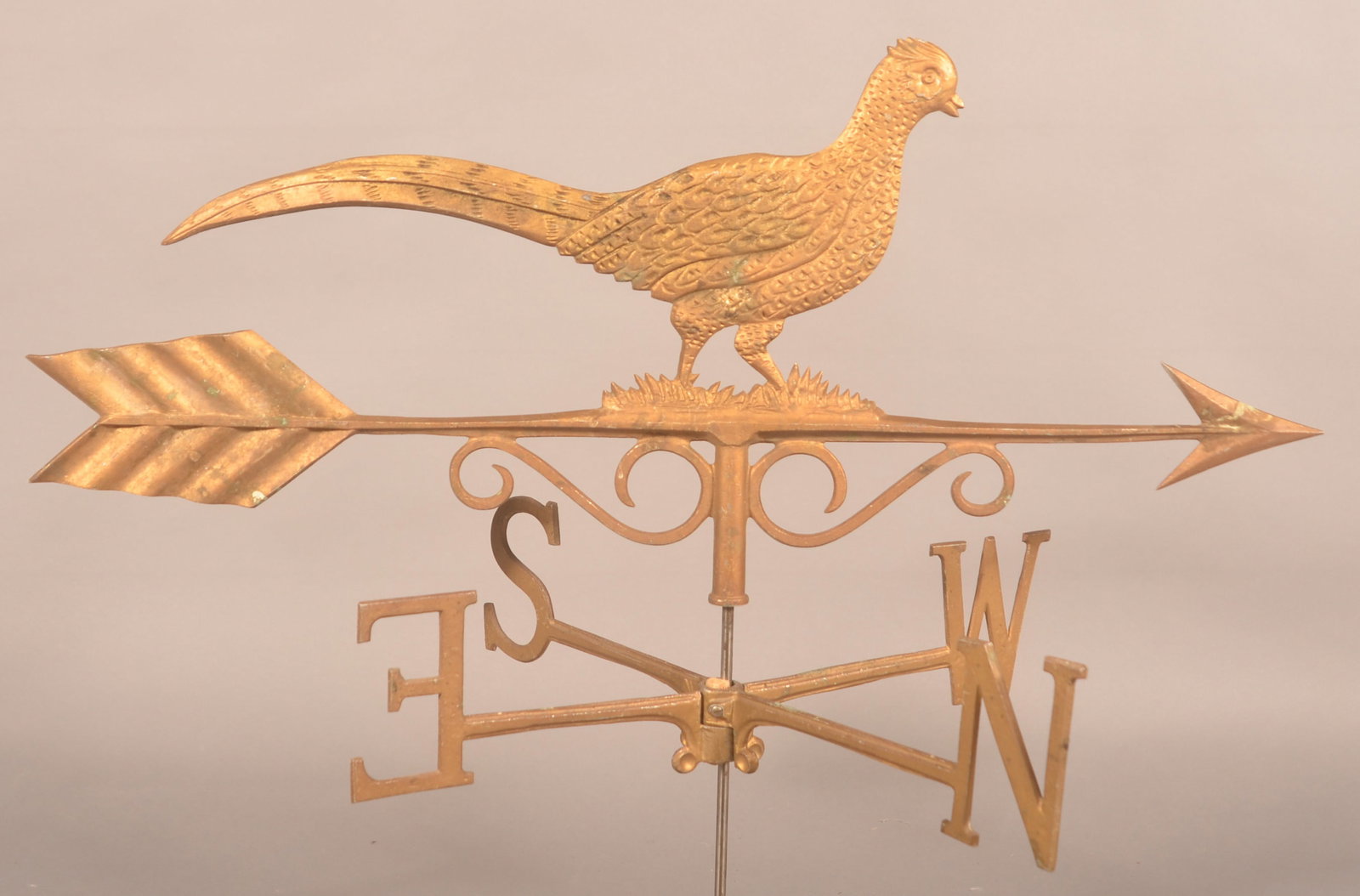 Vintage Pheasant Weathervane w/ Directionals: Gold-painted pot metal weathervane with directionals, mid-20th century. Very nice look, missing the rod. Pheasant portion, 12"H x 27 1/2"W