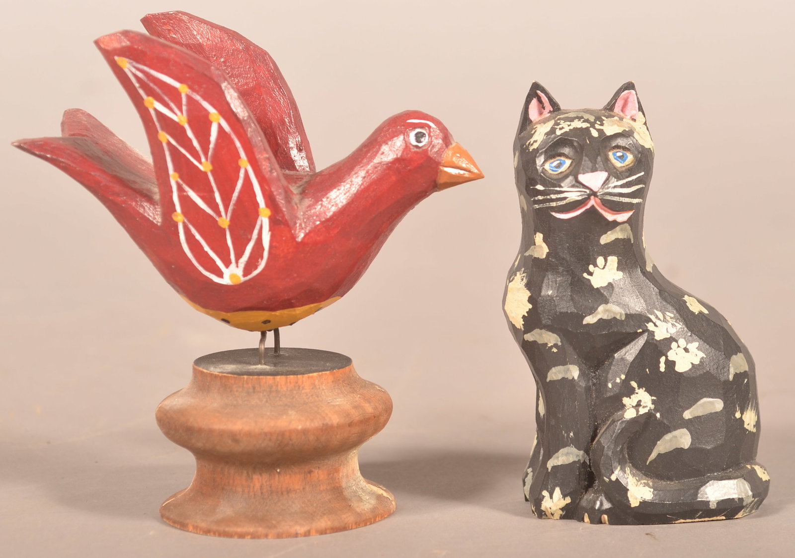 Carved Jonathan Bastian Cat & Bird on Base: Each initialed "JB" and dated. Bird with base, 5 1/2"H