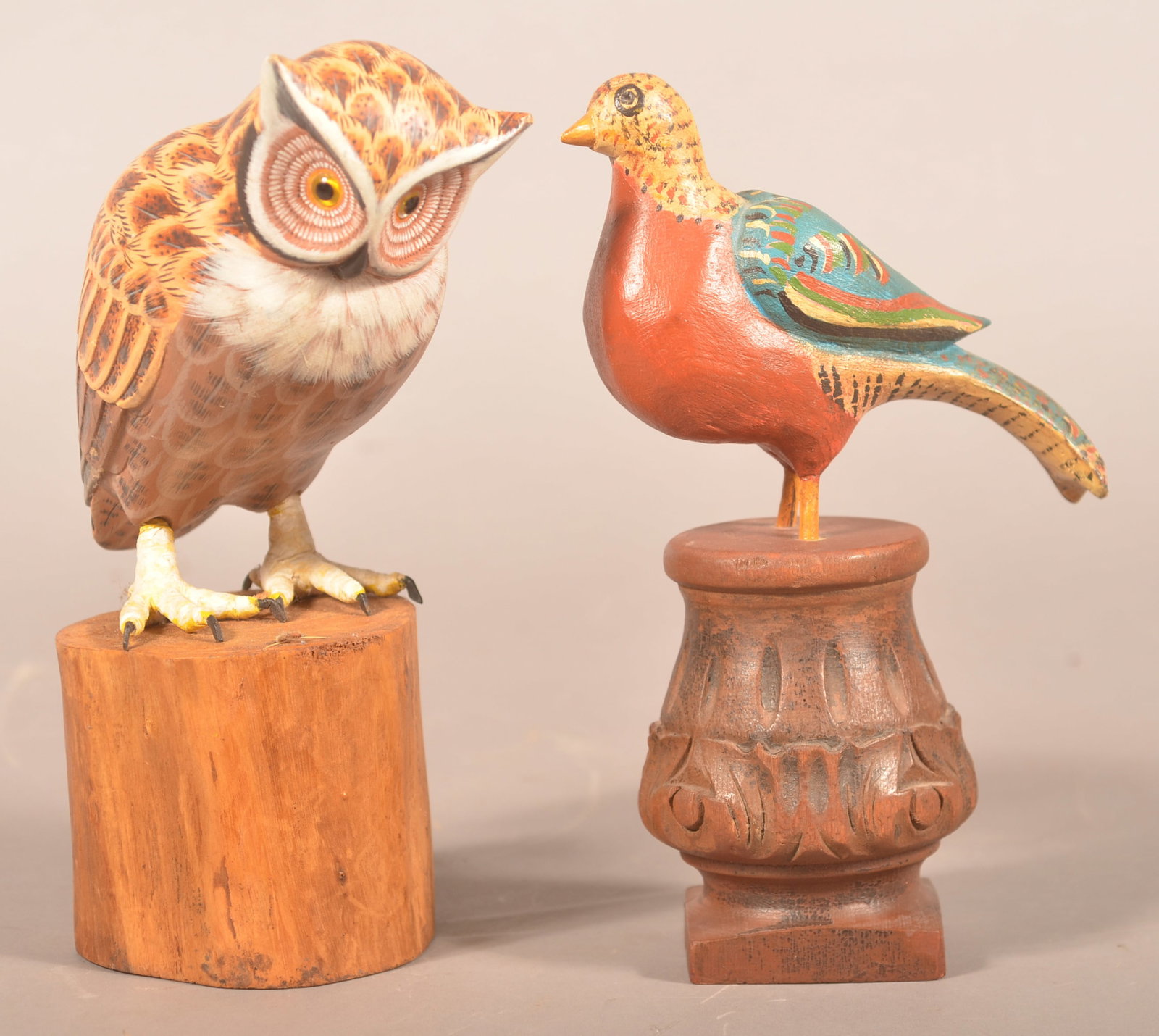 Carved Great Horned Owl & Gottshall Bird: Owl signed in marker on base which has worn and is illegible. Beautiful detail. Glass or plastic eyes. Wonderfully-executed bird on carved base initialed "WG 82". Walter Gottshall (1921-2018), WWII ve