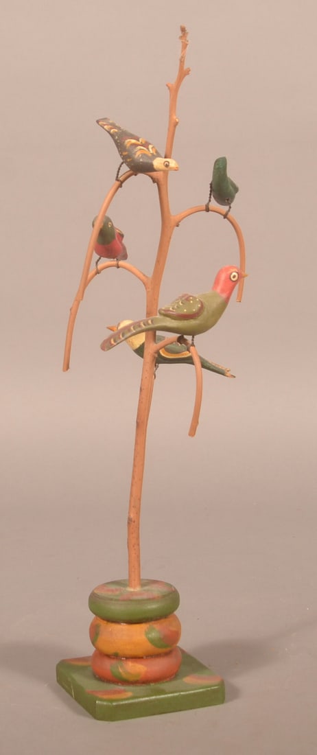 Paint-Decorated Carved Bird Tree (1 of 5)