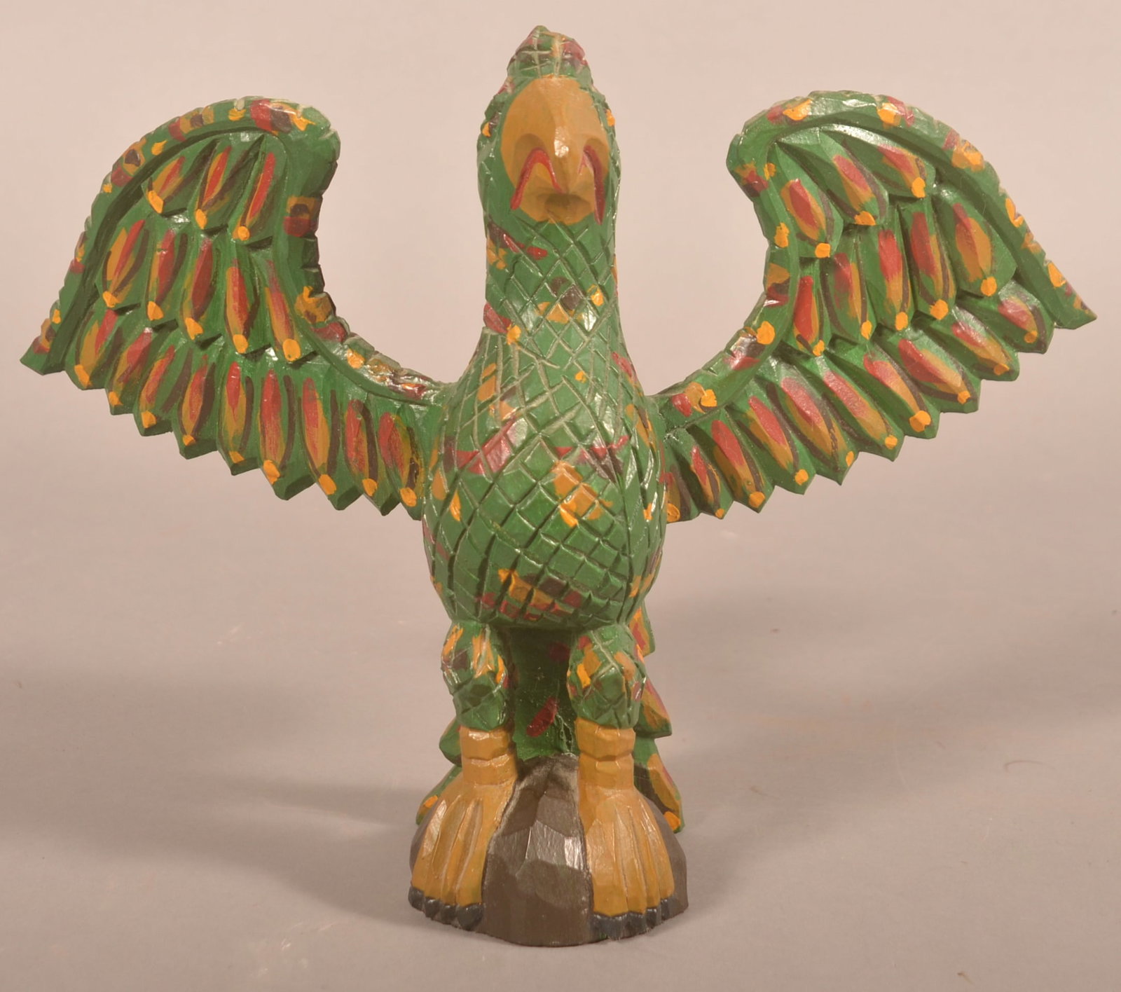 Lg. Jonathan Bastian Carved Schimmel-Style Eagle: Great colors and size, carved initials and year '95 on base. 10 1/4"H x 13"W