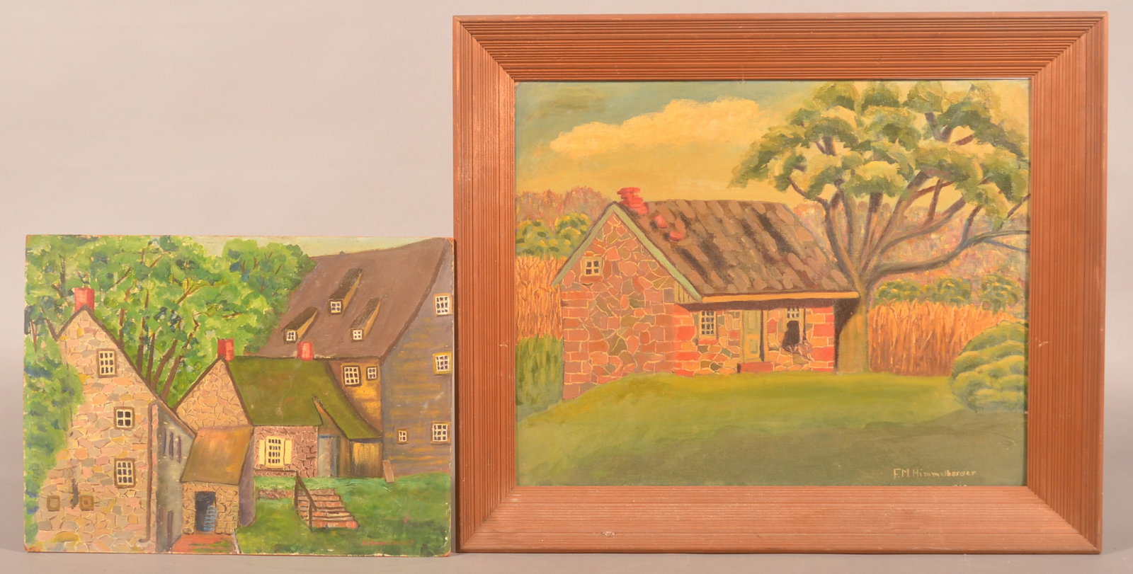 2 Folk Art Oil Paintings Incl. Ephrata Cloister: Each signed F. Himmelberger. Unframed oil on masonite of the Ephrata Cloister dated June 1951. Framed painting of a 1756 stone building painted in 1961 of a structure that was removed when Middle Cree