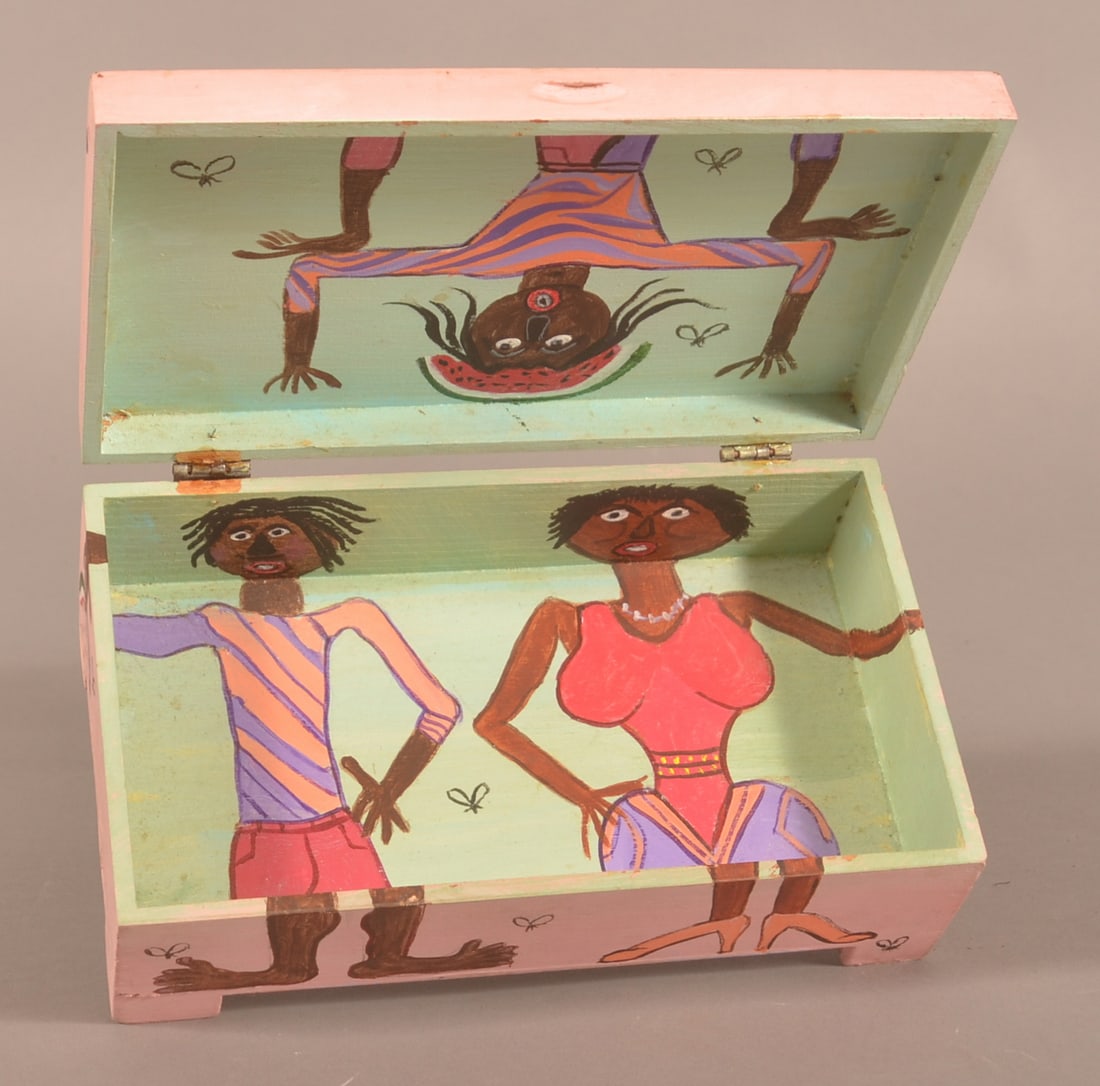 Sallie Lou P. Eakins Outsider Art Painted Box: American artist from Cottonwood, Arizona. Acrylic on repurposed jewelry box, both inside and outside are painted. Signed and dated 1990 on lid and underside. 2 3/4"h x 8 1/8"W x 4 3/4"D