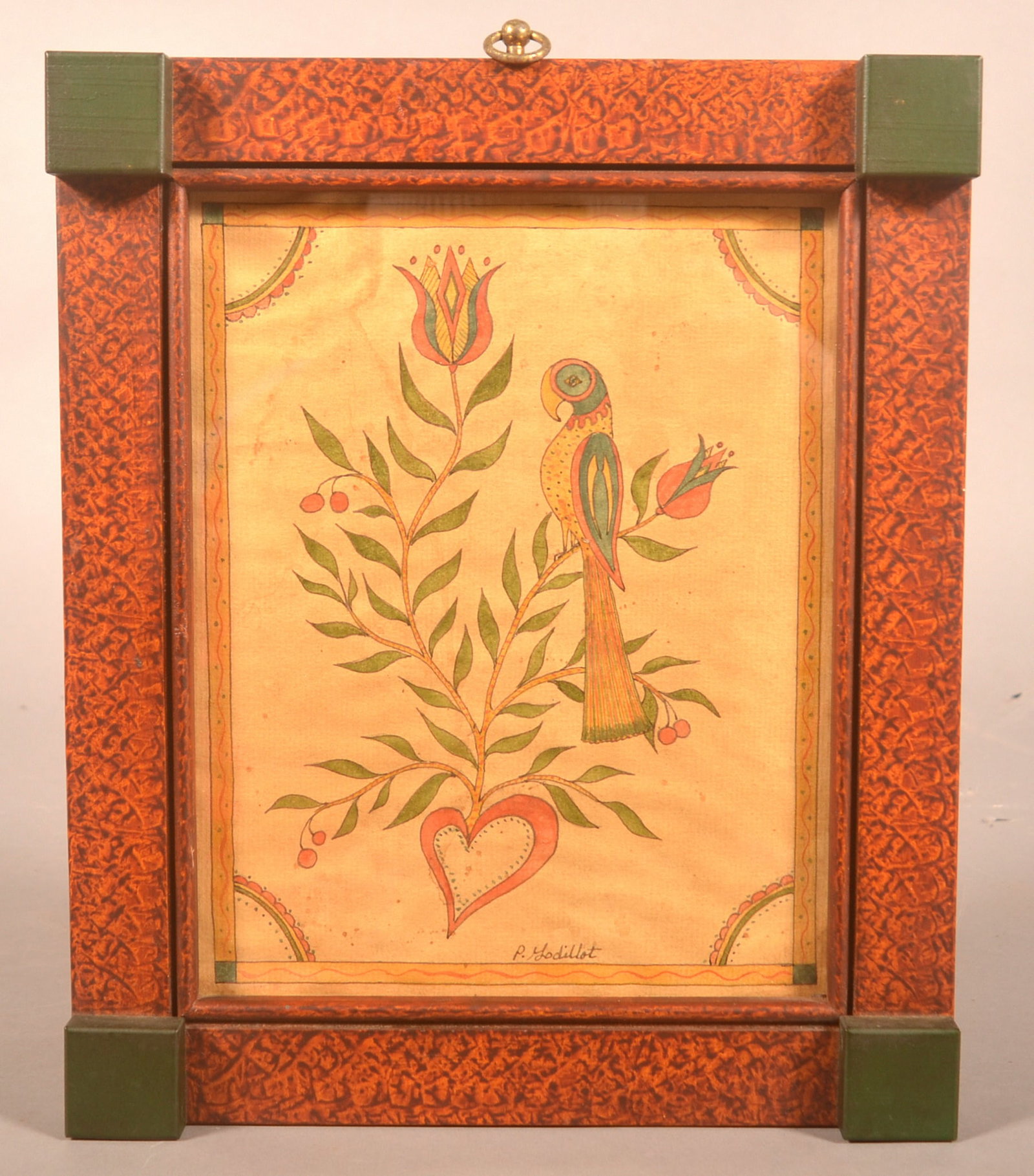 Pamela Godillot Signed Watercolor Fraktur: American artist, signed "P. Godillot" on bottom. Nicely executed watercolor drawing of a distelfink on a branch with tulips and a heart. 12 1/2"H x 10 1/2"W