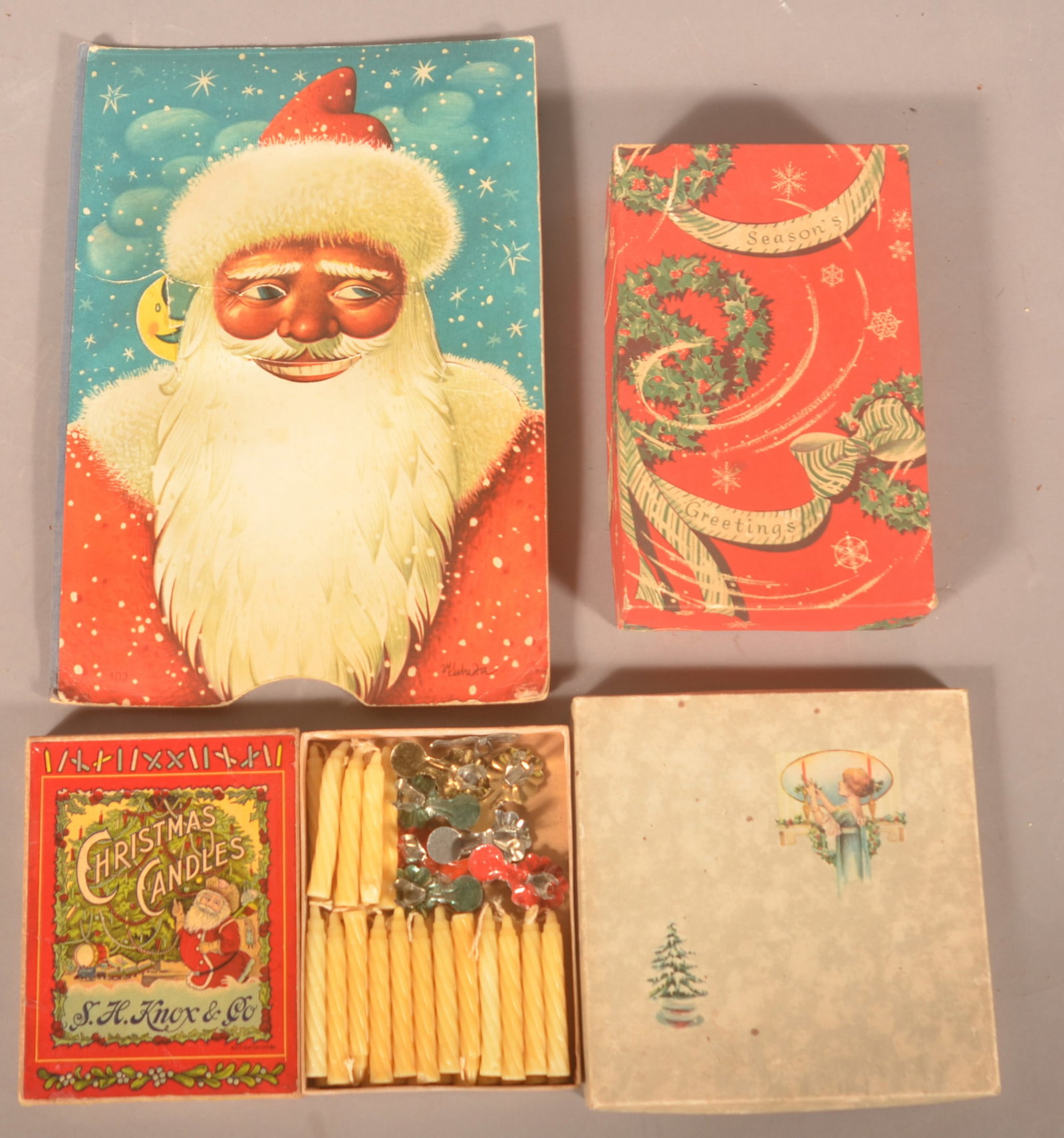 Antique Christmas Candles, Original Boxes & Others: Great lithographed cardboard box for candles and tin candleholders sold by S.H. Knox & Co. 2 cardboard Christmas boxes. Pop-up cardboard Christmas lithographed tabletop display, signed Kubanta and mad