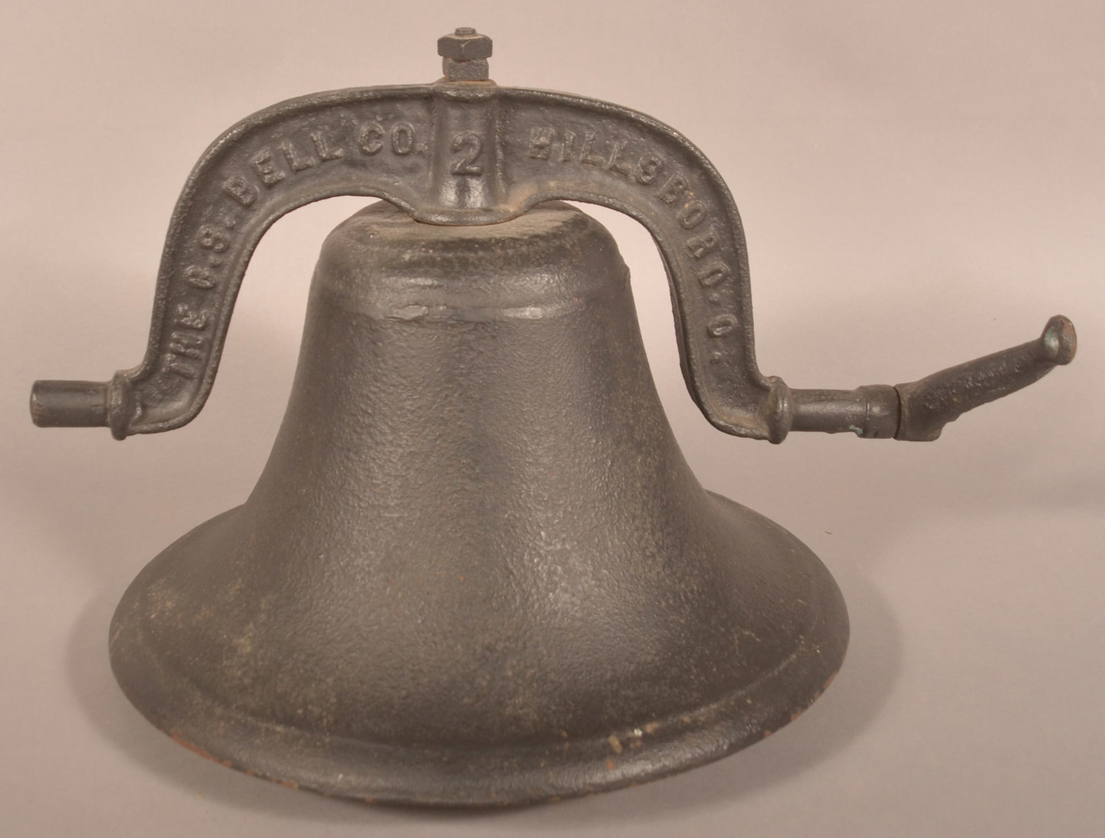 Small No. 2 Cast Iron School or Dinner Bell: Marked "The G.S. Bell Co. Hillsboro O" on the yoke along with #2. Bell, 9"H x 15"W