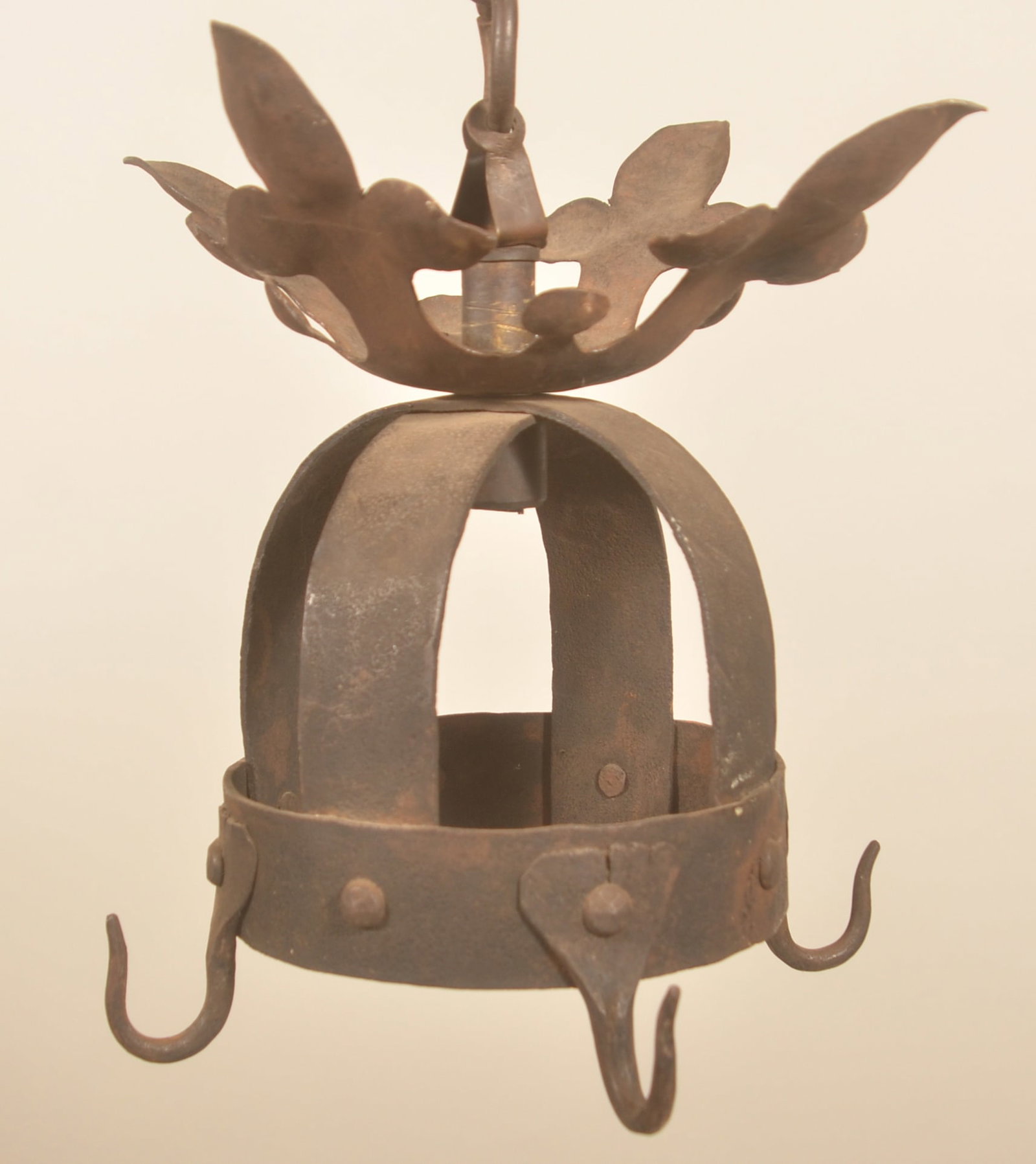 Wrought Iron Arts & Crafts-Style Hanging Rack: Very nice small size for pots or game. Fleur de Lis pattern crown and a nice twisted iron chain. Without chain, 9 1/2"H x 9"D