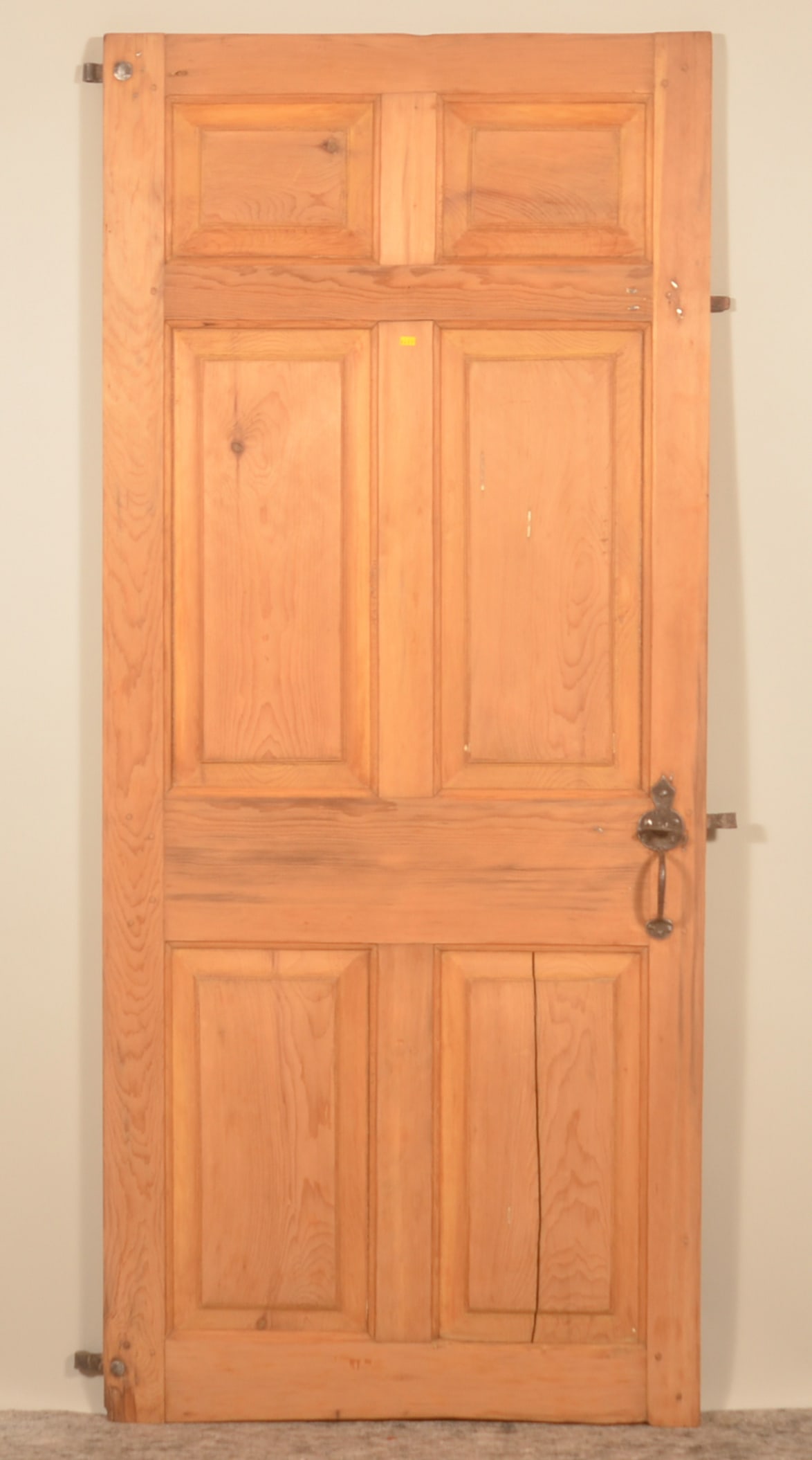 Early Moravian 6-Panel Door w/ Wrought Iron Hinges: Salvaged from a log house near Lititz, PA many years ago, this 6-panel door is early 19th century and retains its original hinges, slide bolt and figural thumb latch. 75 1/4"H x 32 1/2"W
