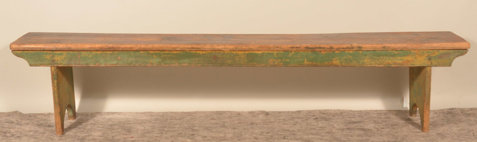 Painted Mortised Plank Seat Pennsylvania Bench: Original blue has oxidized to green in areas with remnants of a grain paint over top. Mortises with wedges, nice early cabinet maker detail. Half moon feet. Warm patina on seat, ready to use. 18"H x 8