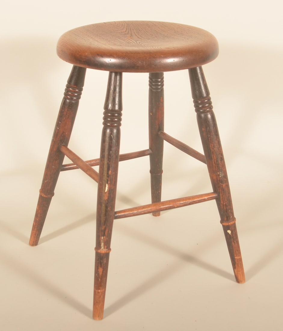 Windsor Turned-Leg Painted Stool: Oak with traces of black paint and gold pinstriping on the legs. Nice form. 21"H x 12 3/4"D (seat)