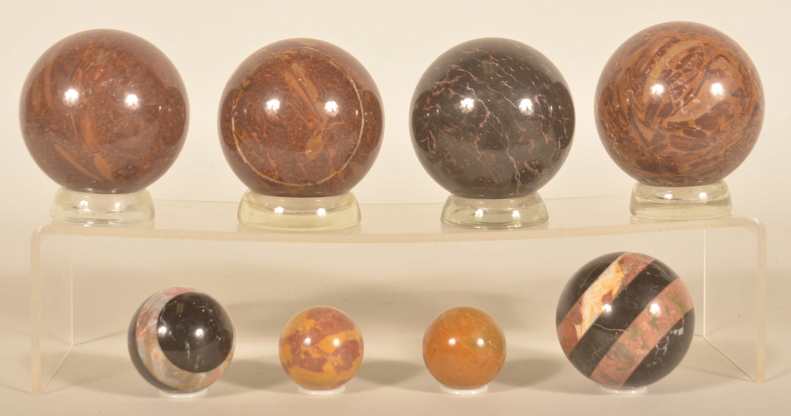 Collection of Vintage Marble Carpet Balls: 8 carpet balls in 4 different sizes. Range from 2"- 4" D