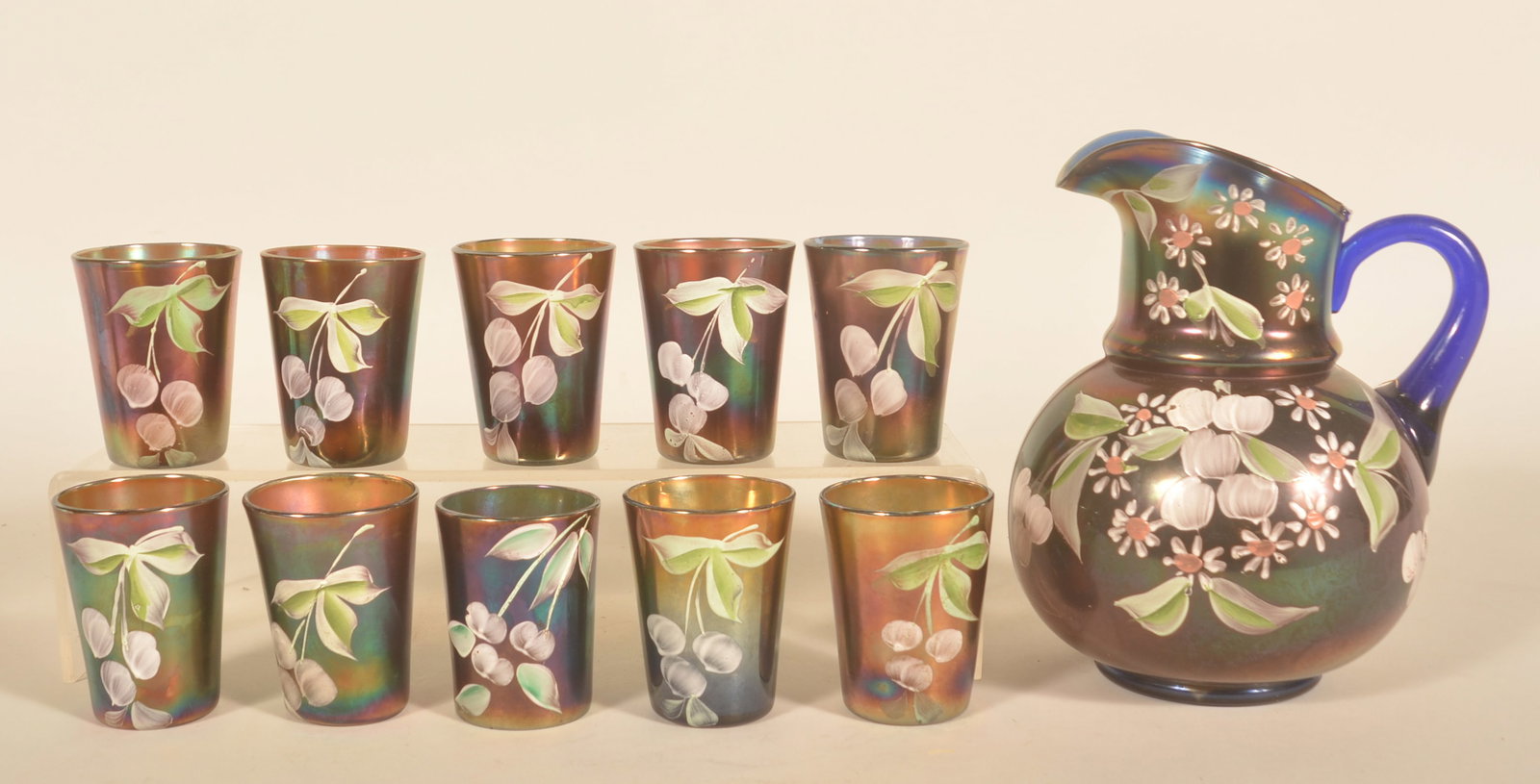 Fenton Enameled Carnival Glass Pitcher & Cups (1 of 5)