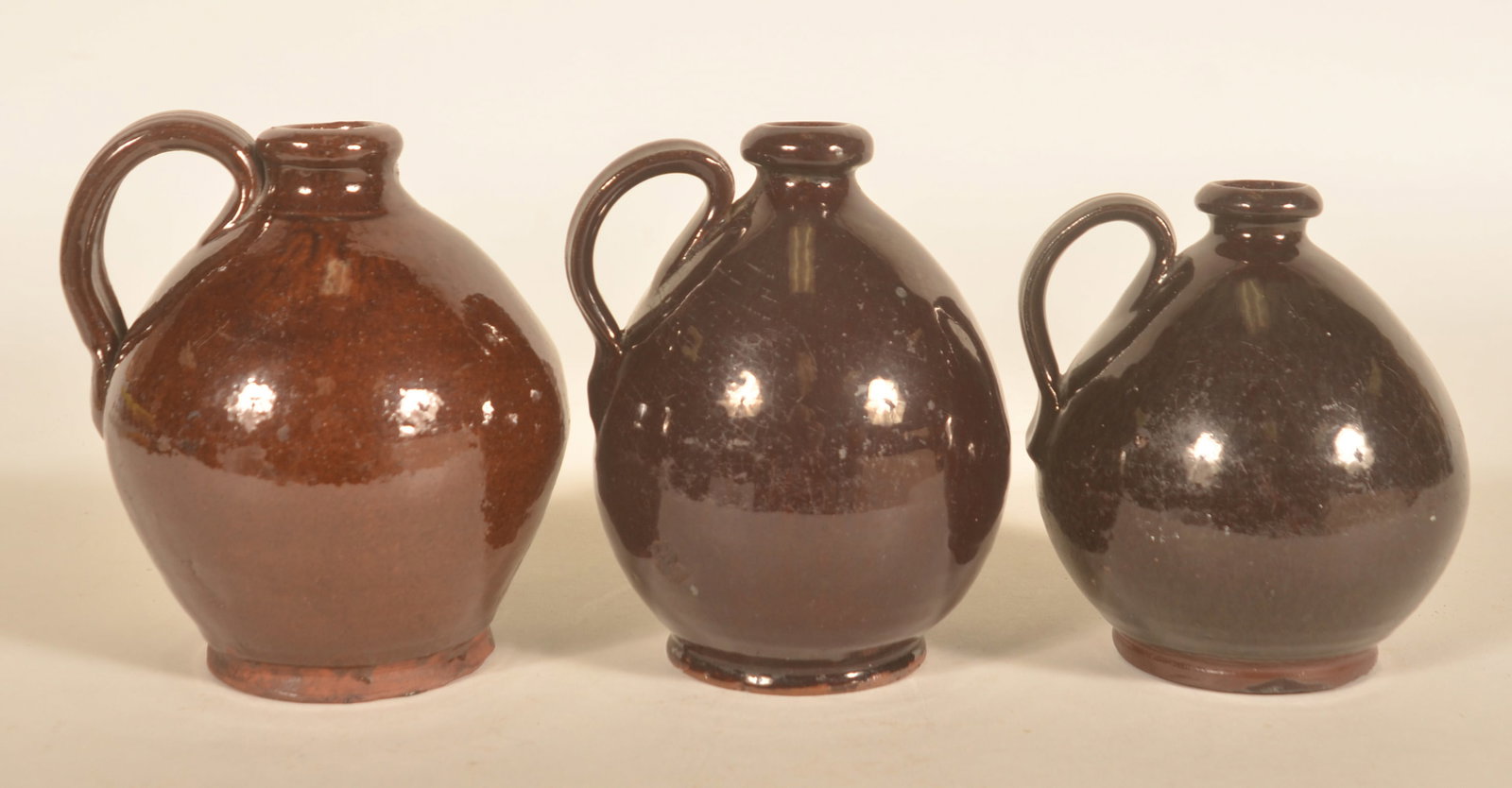 3 Small Antique 19th C. Glazed PA Redware Jugs (1 of 4)