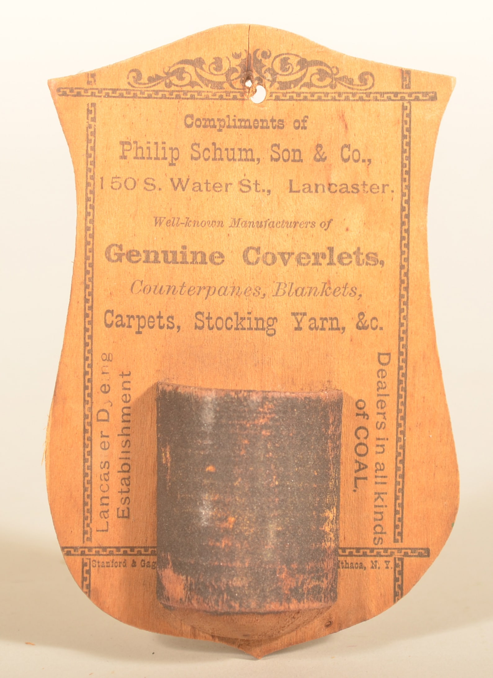 Very Rare Philip Schum Coverlet Advertising Piece: Extremely difficult to find actual advertising (outside of the occasional newspaper ad) for a coverlet weaver. This wood matchstick holder has advertising for Philip Schum (1814-1880) who was a weaver