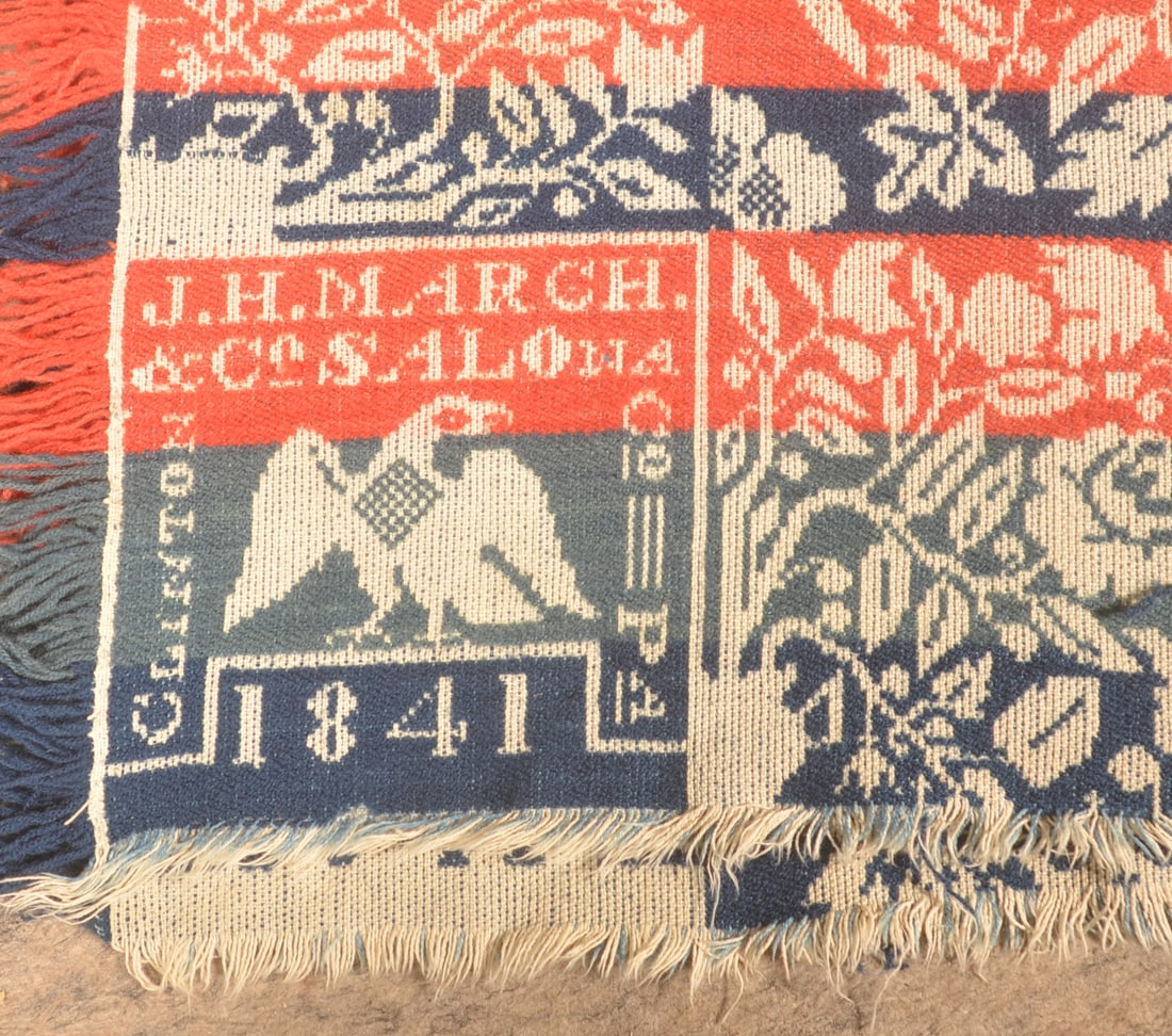 J.H. March Salona, PA 1841 Woven Eagle Coverlet: Single piece coverlet with corner blocks signed and dated 1841 and "J.H.March & Co Salona Clinton County PA" with Federal eagles. The initials "E E" are woven into the border. John Henry March was act