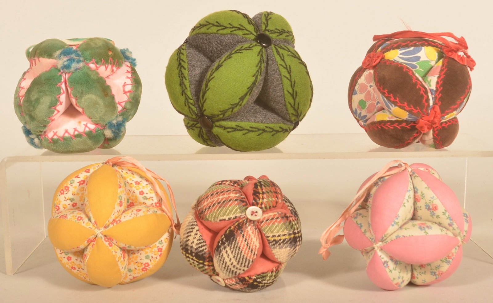 6 Antique Lancaster, PA Puzzle Balls: Early to mid-20th Century, made from scraps of wool and velvet. Each approximately 4"D