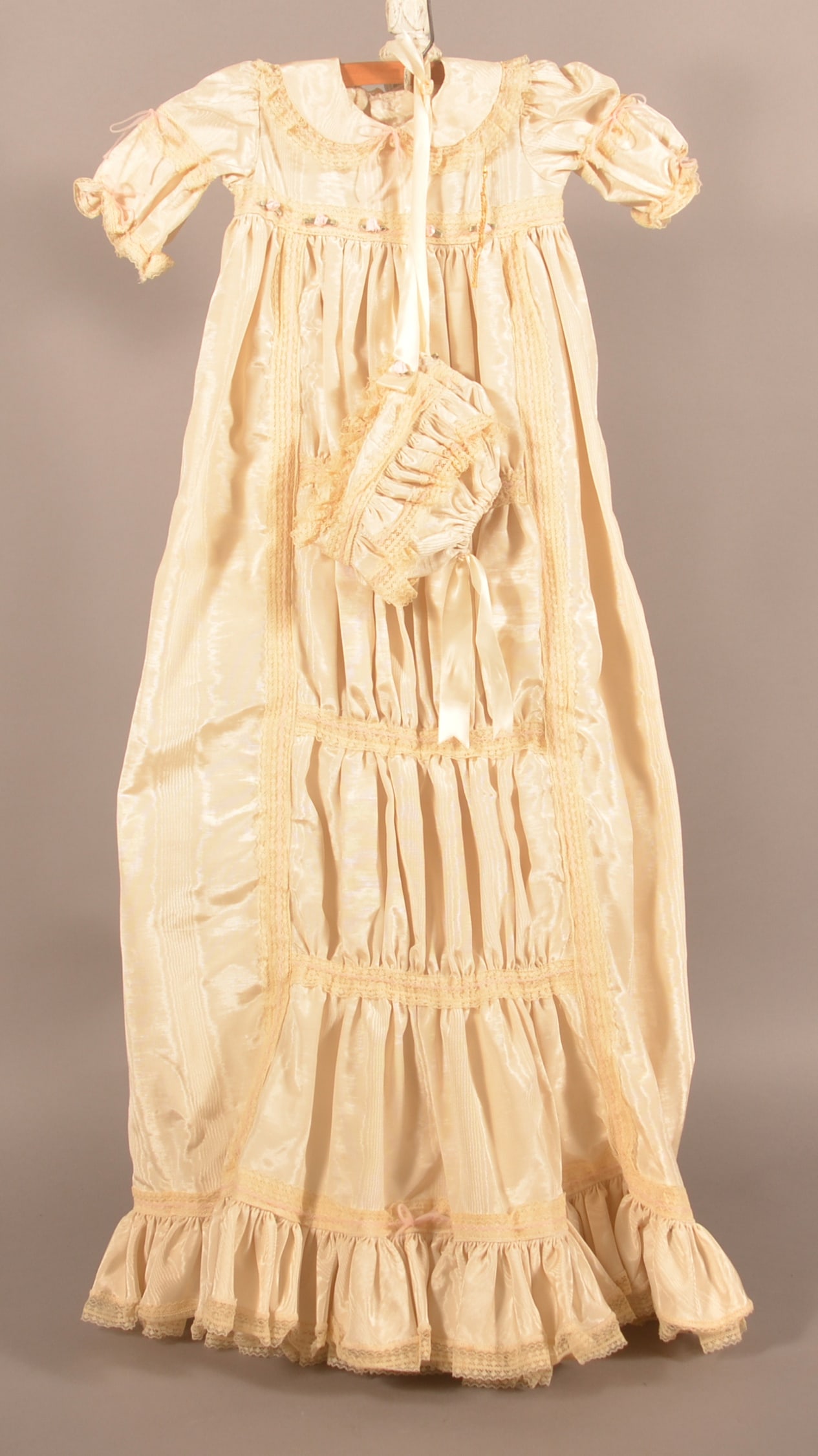Antique Christening Dress with Lace & Bonnet: Satin fabric with applied lace trim and pleated front. 1910-1930. 38"L
