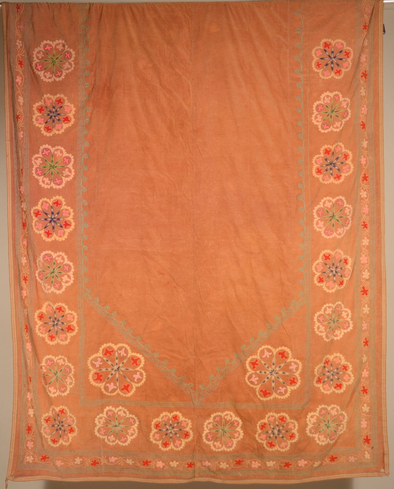 Antique Velvet and Applique Hanging Tapestry: Floral design with woven border. Hand-sewn backing. Late 19th century 74" x 83"