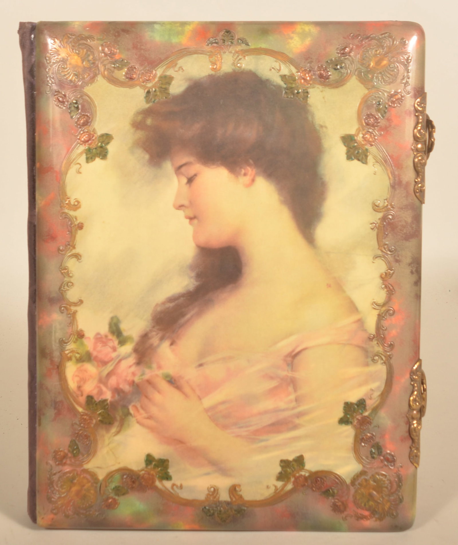 Large Velvet & Celluloid Cabinet Card Album: Impressive size album with brass clasps and a large number of cabinet cards, many are identified. 16"H x 12 1/2"W