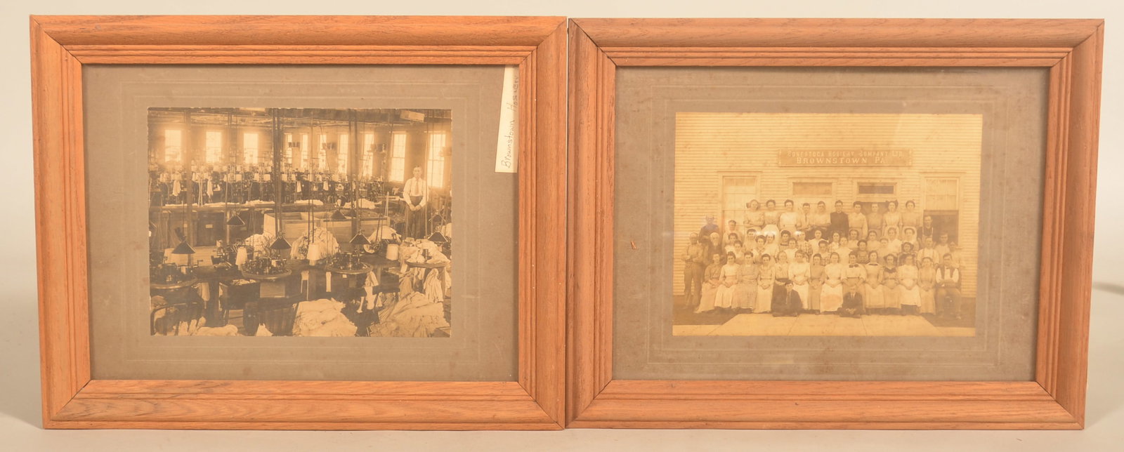 2 Lg. Conestoga Hosiery Co. Brownstown, PA Photos: 1900-1910 photos, 1 taken outside of the employees seated under the company sign and another photo of the interior of the Brownstown Hosiery Mill. More research to determine if the photos are of the s