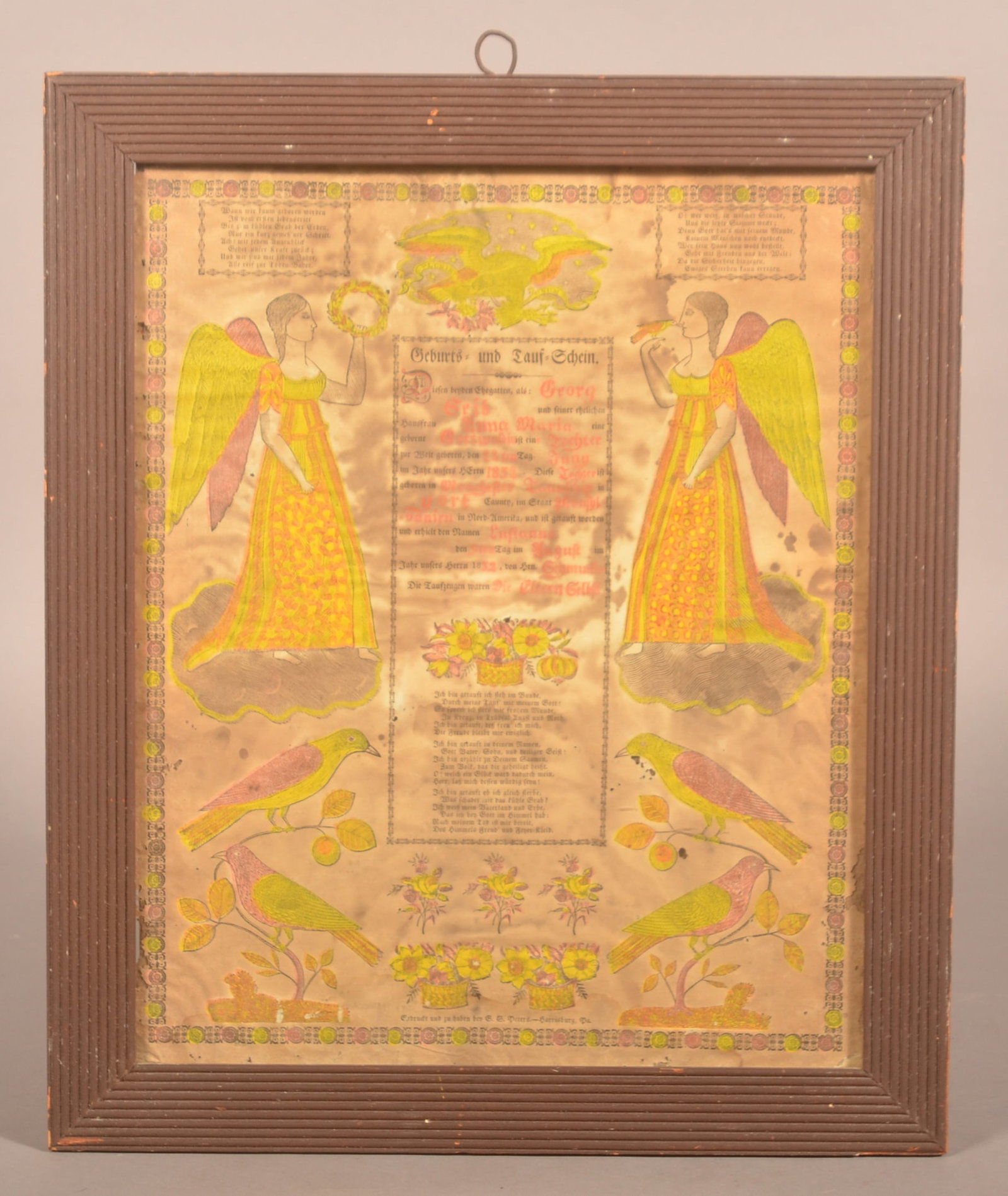 G.S. Peters 1832 York County, PA Taufschein: Birth certificate for George Geib from Manchester Township, York County. In a great period frame. 18 1/2"H x 15 1/2"W