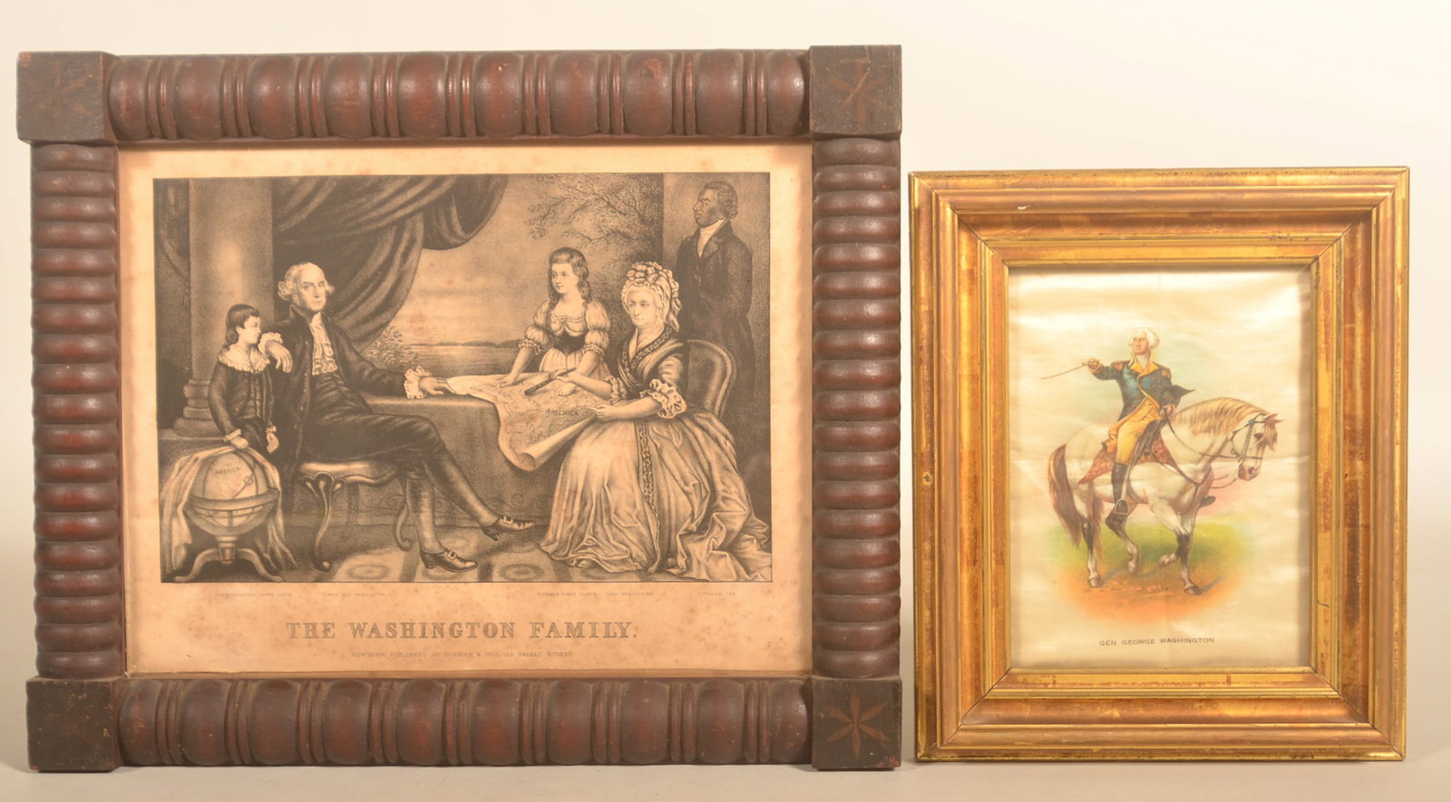 2 Framed Prints of General Washington: Wonderful mid-19th century frame with half turned columns and mustard painted pinwheels on each corner block with a Currier and Ives print "The Washington Family" which also features their African-Ame