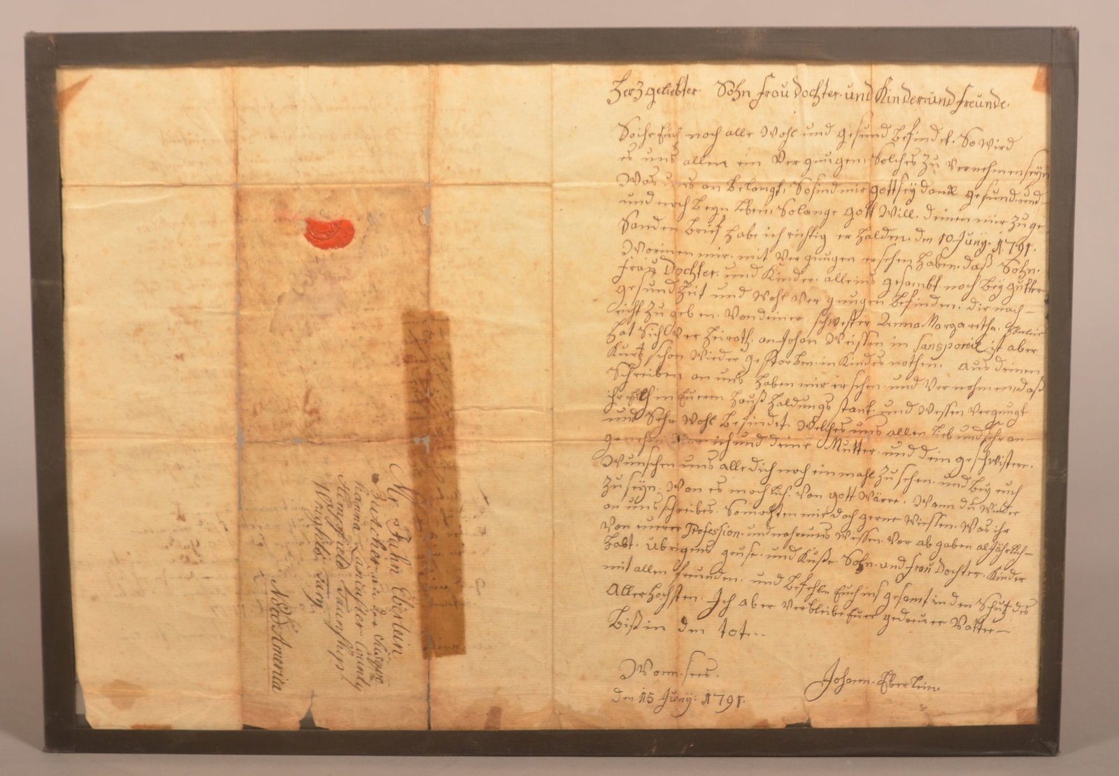 Historic 18th C. Wrights Ferry Lanc., PA Letter: 1 sheet folded over addressed to "Mr Jahn Eberlein Butcher an las(?) Susquehanna Lancaster County Hempfield Taunship Wrights Fary Nord America". John Eberlein (b. 11/25/1754 Bavaria, d. 2/7/1822 Colum
