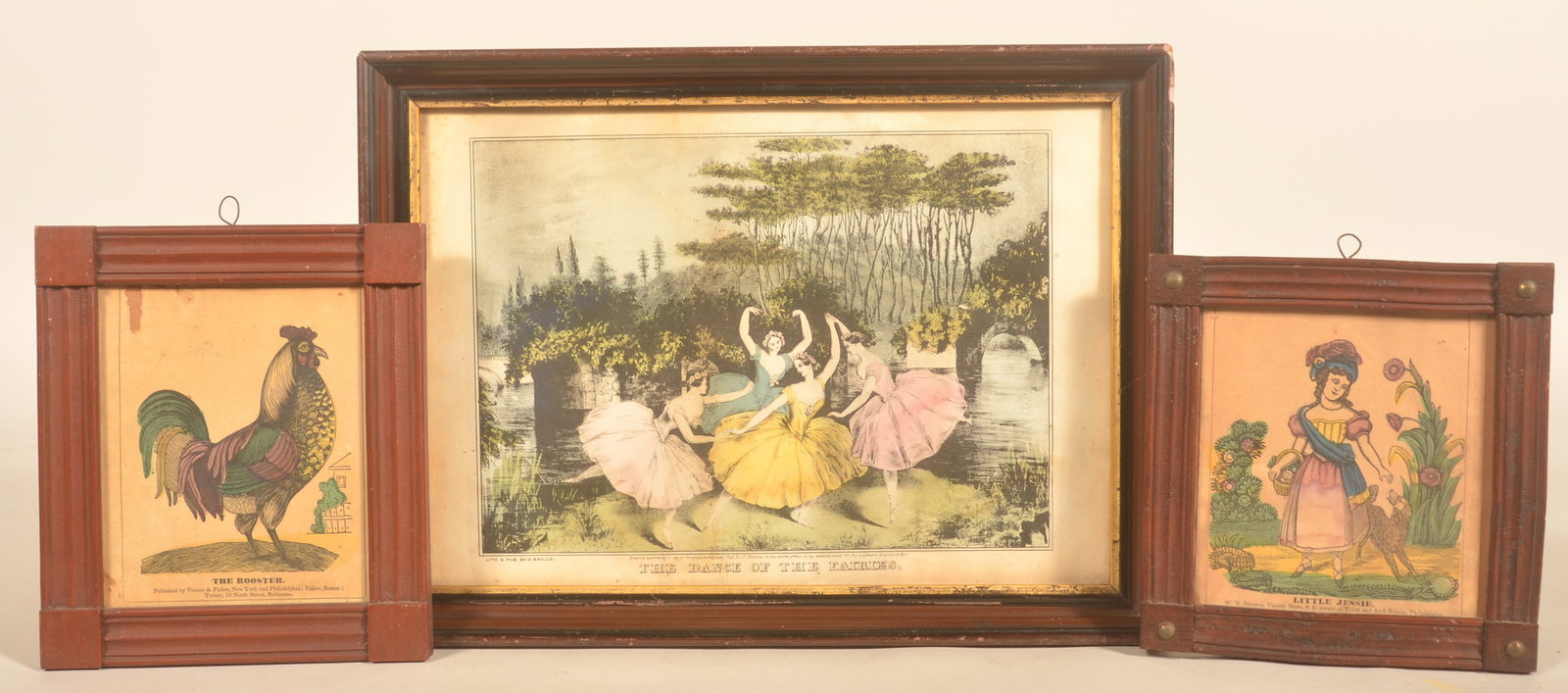 Corner Block Mitered Frames w/ Prints & Other: 2 small mid-19th century frames, 1 with brass tacks in the corner with print "Little Jessie" sold by W.N. Stevens Variety Store in Philadelphia, PA and the other mitered frame with fluted sides in an