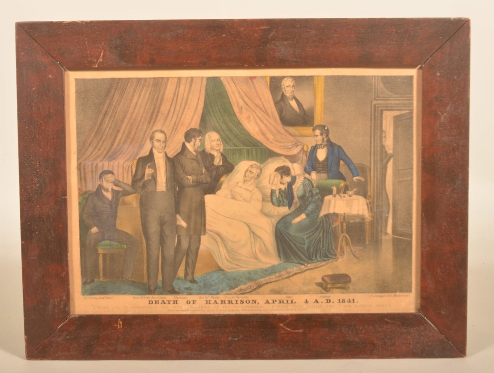 Currier Print "Death of Harrison" w/ Painted Frame: 1841 colored print in period paint-decorated frame depicting the death bed scene of President William Henry Harrison, 9th US President (shortest serving President in our history). Printed by N. Currie
