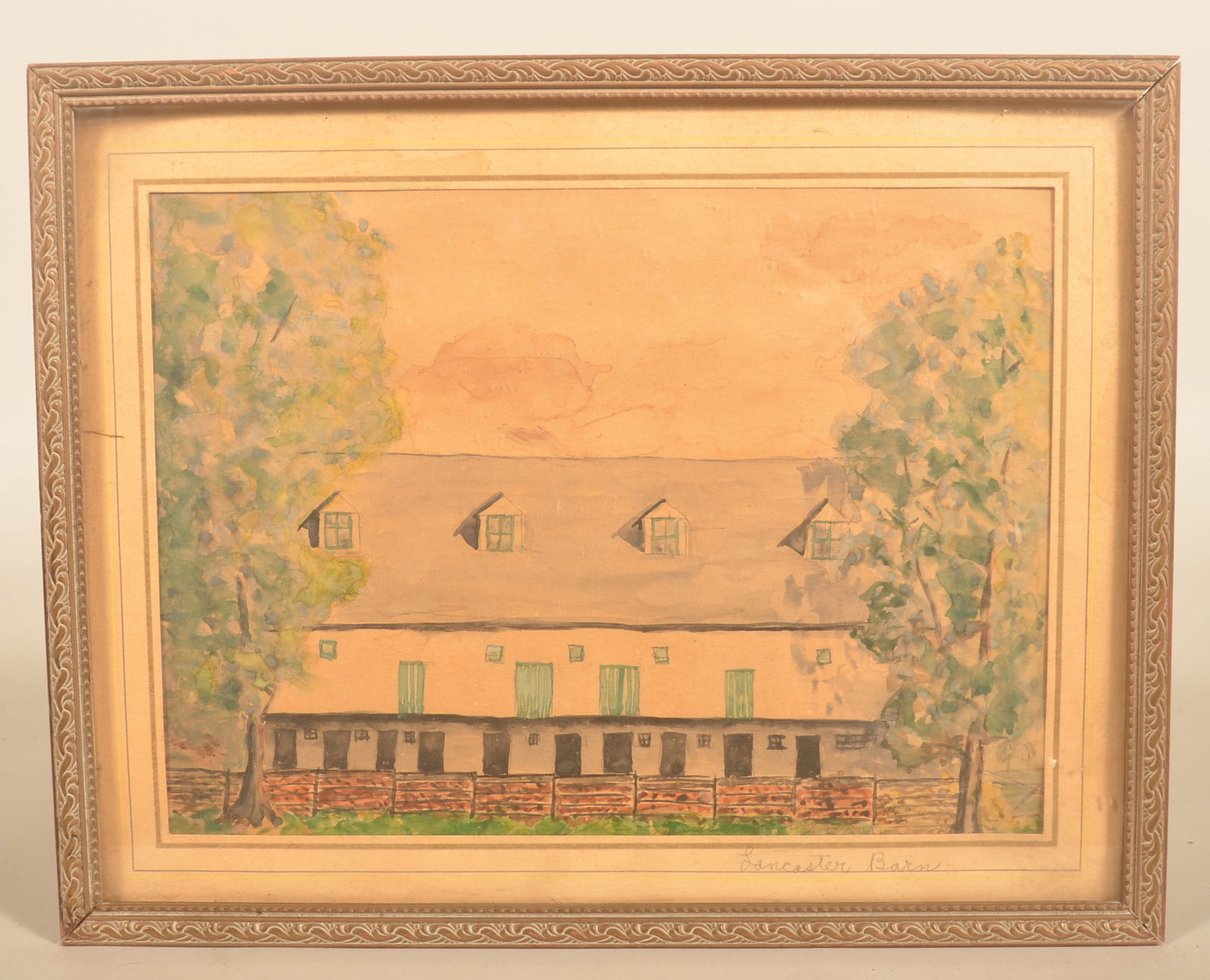 Folk Art Mennonite Watercolor of Lancaster Barn: 1920s nicely executed watercolor signed in pencil on reverse "Grace M Shenk" (2/8/1900-4/1/1998 buried in Groffdale Mennonite Brick Church Cemetery) and in pencil on front "Lancaster Barn". 10 3/4"H x