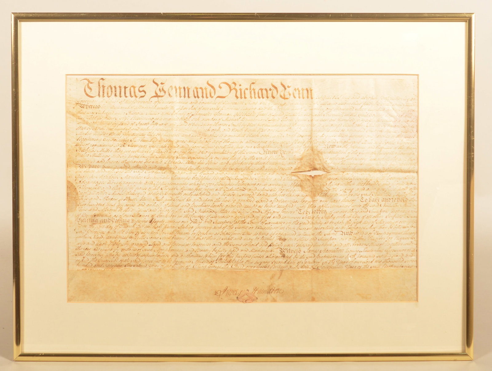 1737 Penn Land Grant Warwick Twp. Lanc. Co., PA: Rare early ink on vellum land grant from the sons of William Penn, Thomas and Richard Penn, dated December 7, 1738 for over 200 acres adjoining Michael Bachman's farm in Warwick Township. Signed by Ja